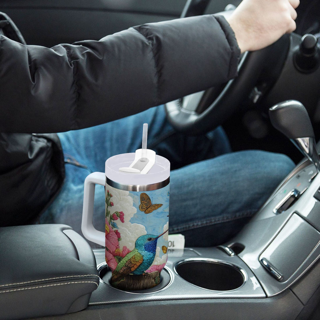 30 oz Insulated Stainless Steel Tumbler Double Wall Stainless Steel Tumbler with 2-Way Drinking Hummingbirds and Flowers C480C