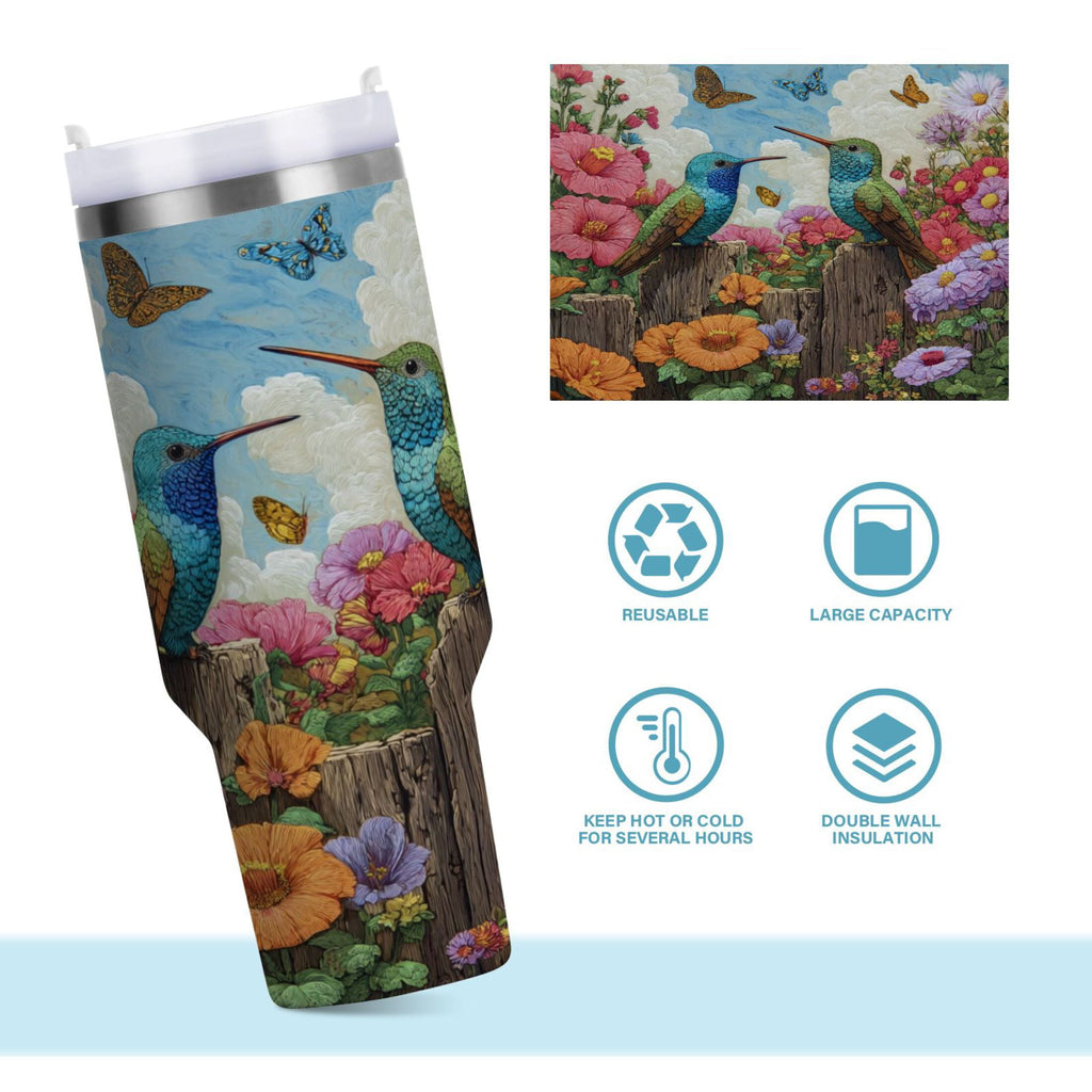 30 oz Insulated Stainless Steel Tumbler Double Wall Stainless Steel Tumbler with 2-Way Drinking Hummingbirds and Flowers C480C