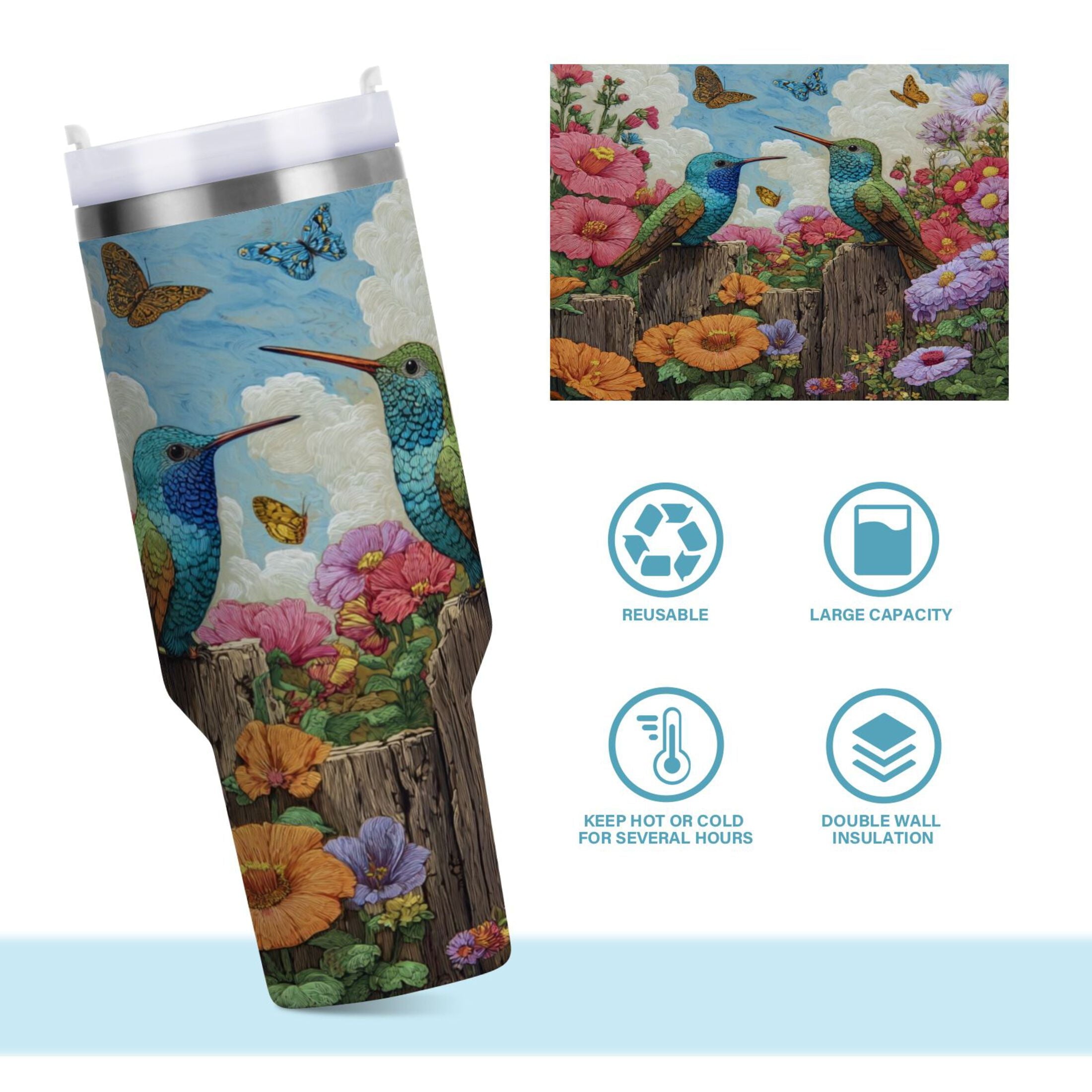 30 oz Insulated Stainless Steel Tumbler Double Wall Stainless Steel Tumbler with 2-Way Drinking Hummingbirds and Flowers C480C