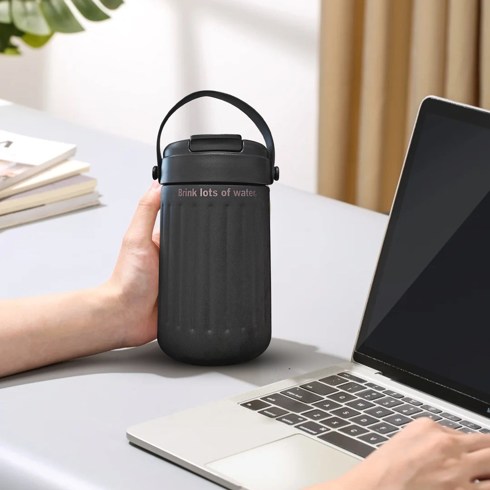 BinKFF Simple Modern Travel Coffee Mug, Insulated Coffee Tumblers with Lid, Double Walled Iced Travel Coffee Mug for Woman and Man Stainless Steel Tumbler with Handle C442T