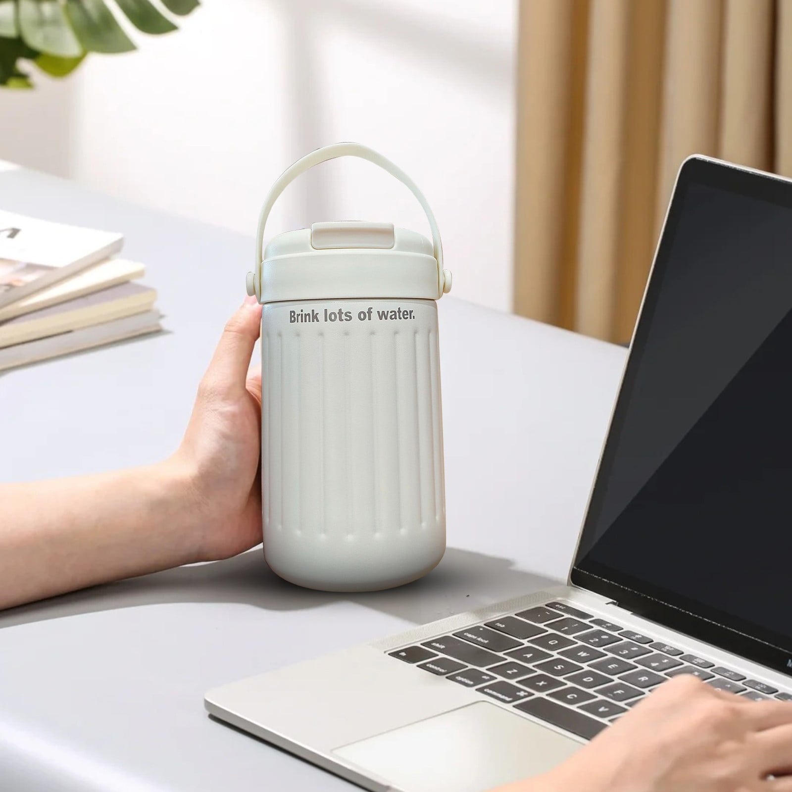BinKFF Simple Modern Travel Coffee Mug, Insulated Coffee Tumblers with Lid, Double Walled Iced Travel Coffee Mug for Woman and Man Stainless Steel Tumbler with Handle C442T