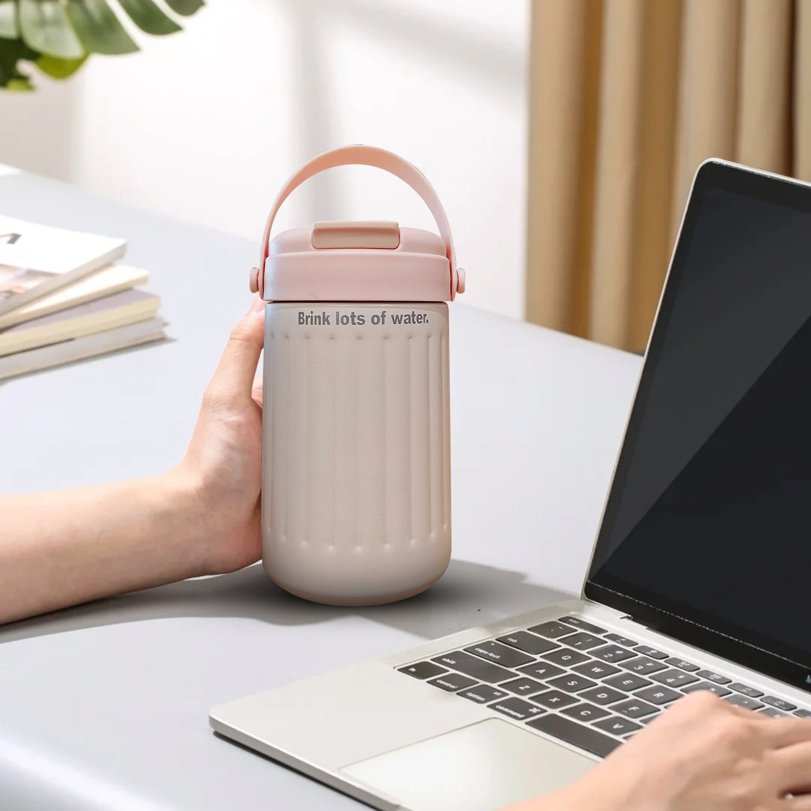 BinKFF Simple Modern Travel Coffee Mug, Insulated Coffee Tumblers with Lid, Double Walled Iced Travel Coffee Mug for Woman and Man Stainless Steel Tumbler with Handle C442T
