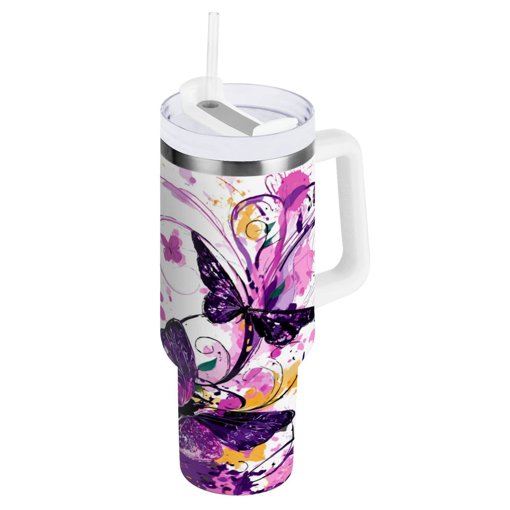 40 oz Insulated Stainless Steel Tumbler Double Wall Stainless Steel Tumbler with 2-Way Drinking Purple Butterfly C444D