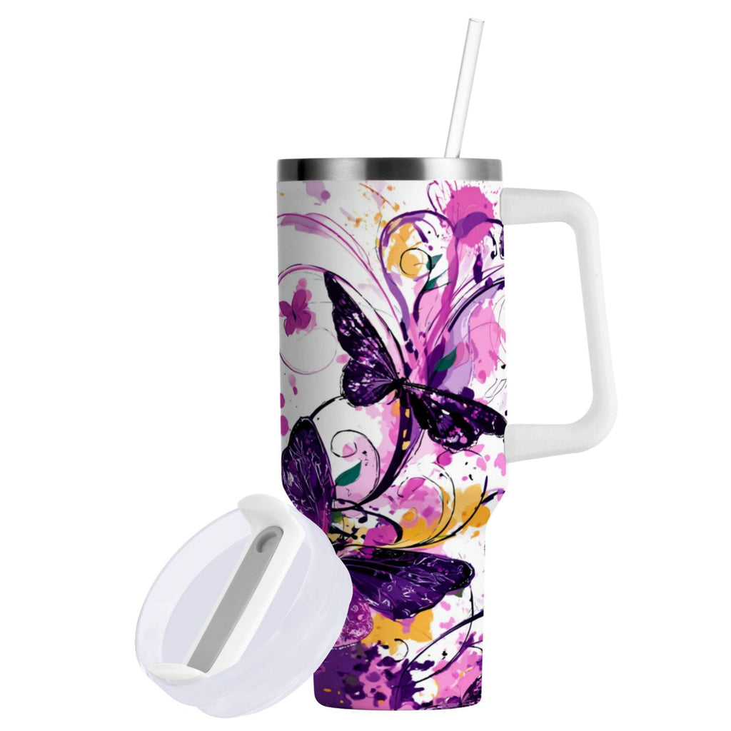 40 oz Insulated Stainless Steel Tumbler Double Wall Stainless Steel Tumbler with 2-Way Drinking Purple Butterfly C444D