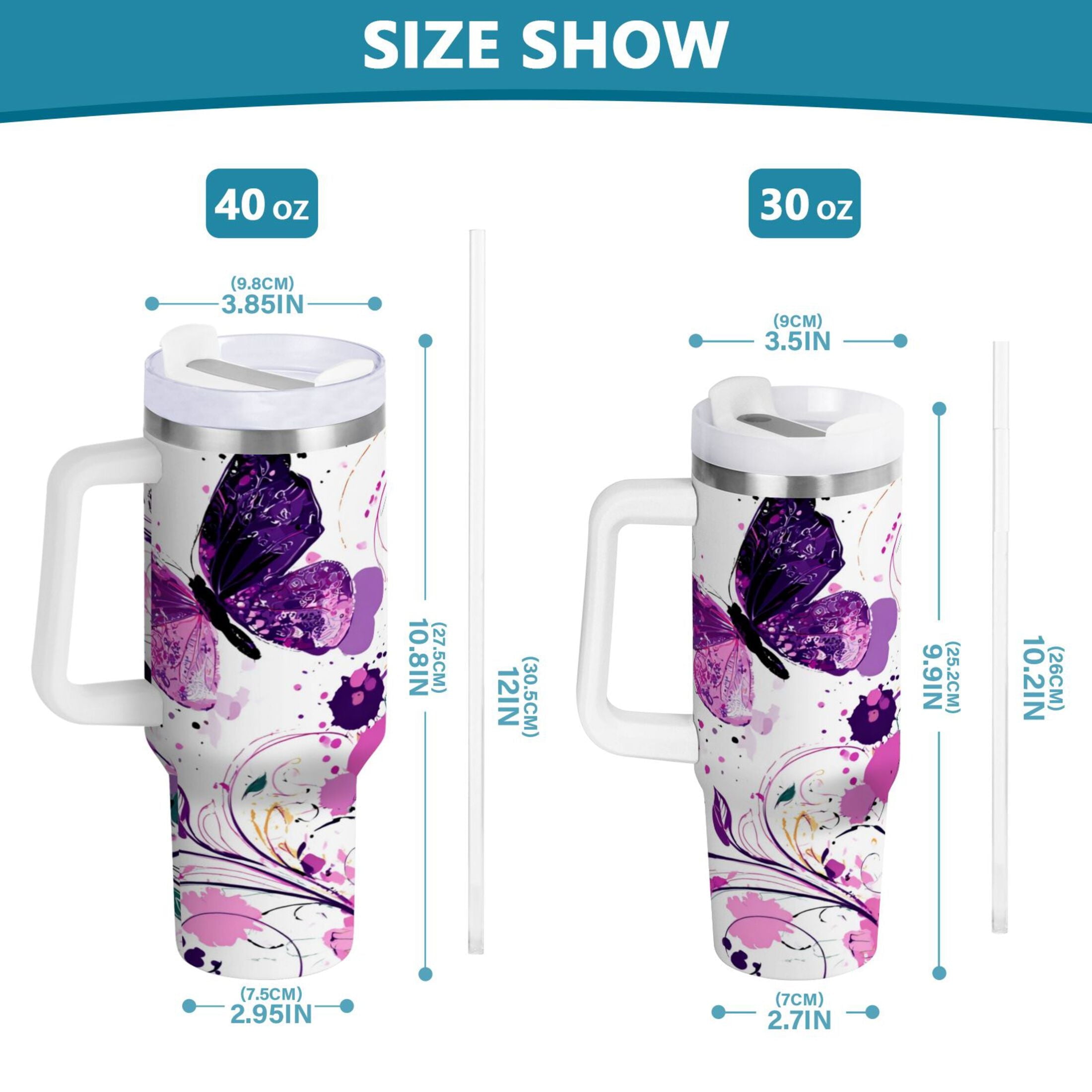40 oz Insulated Stainless Steel Tumbler Double Wall Stainless Steel Tumbler with 2-Way Drinking Purple Butterfly C444D