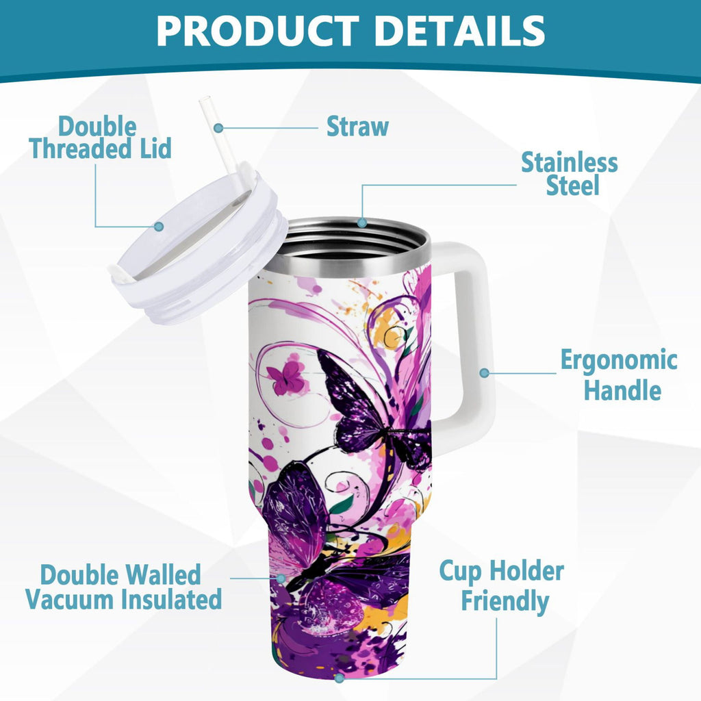 40 oz Insulated Stainless Steel Tumbler Double Wall Stainless Steel Tumbler with 2-Way Drinking Purple Butterfly C444D
