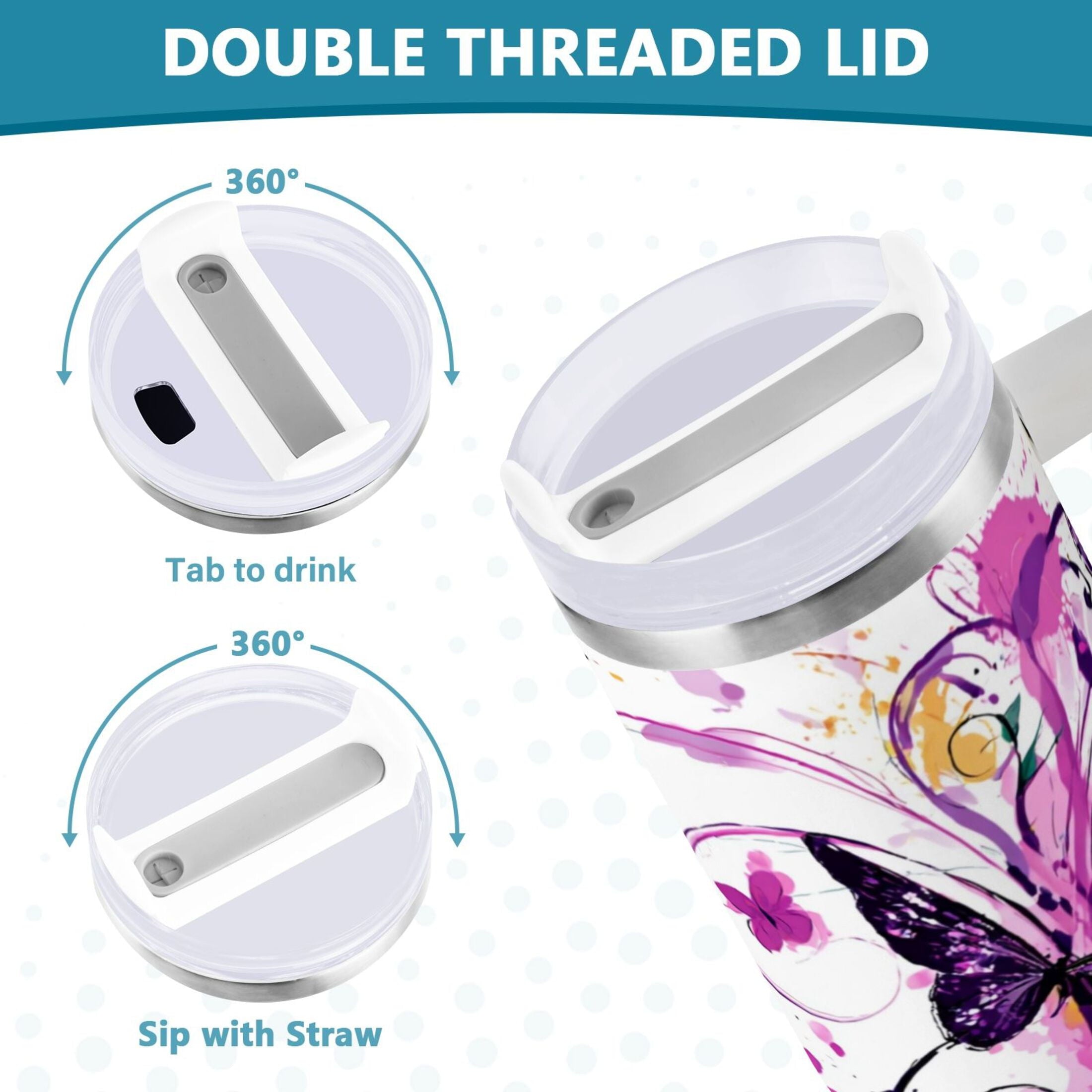 40 oz Insulated Stainless Steel Tumbler Double Wall Stainless Steel Tumbler with 2-Way Drinking Purple Butterfly C444D