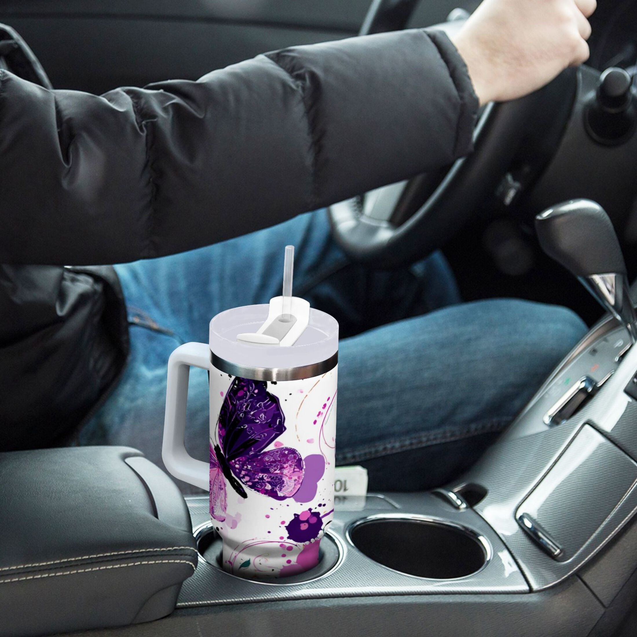 40 oz Insulated Stainless Steel Tumbler Double Wall Stainless Steel Tumbler with 2-Way Drinking Purple Butterfly C444D