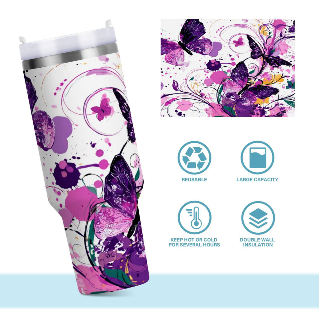 40 oz Insulated Stainless Steel Tumbler Double Wall Stainless Steel Tumbler with 2-Way Drinking Purple Butterfly C444D