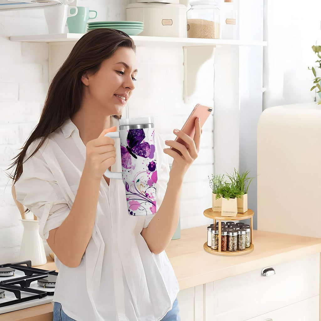 40 oz Insulated Stainless Steel Tumbler Double Wall Stainless Steel Tumbler with 2-Way Drinking Purple Butterfly C444D