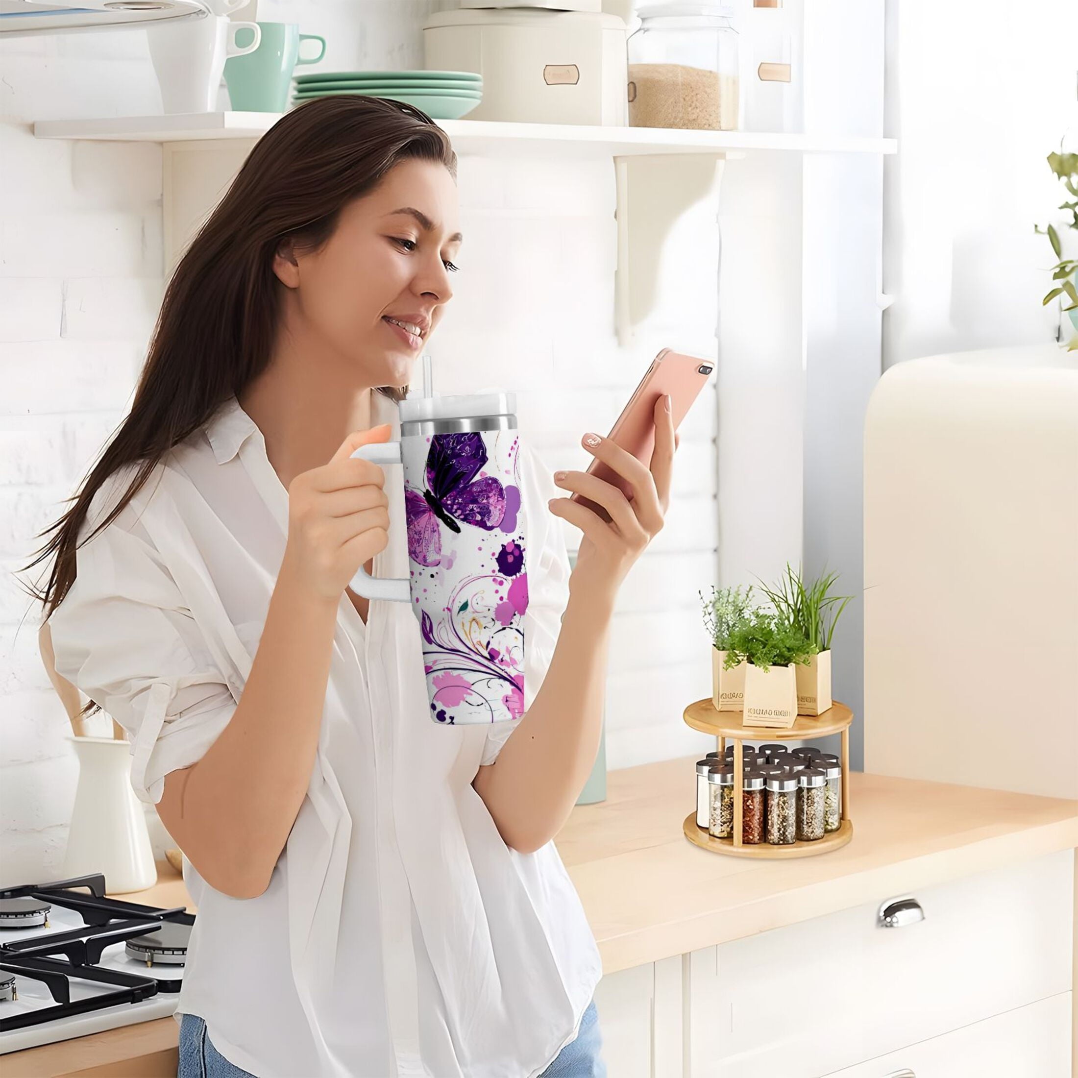 40 oz Insulated Stainless Steel Tumbler Double Wall Stainless Steel Tumbler with 2-Way Drinking Purple Butterfly C444D