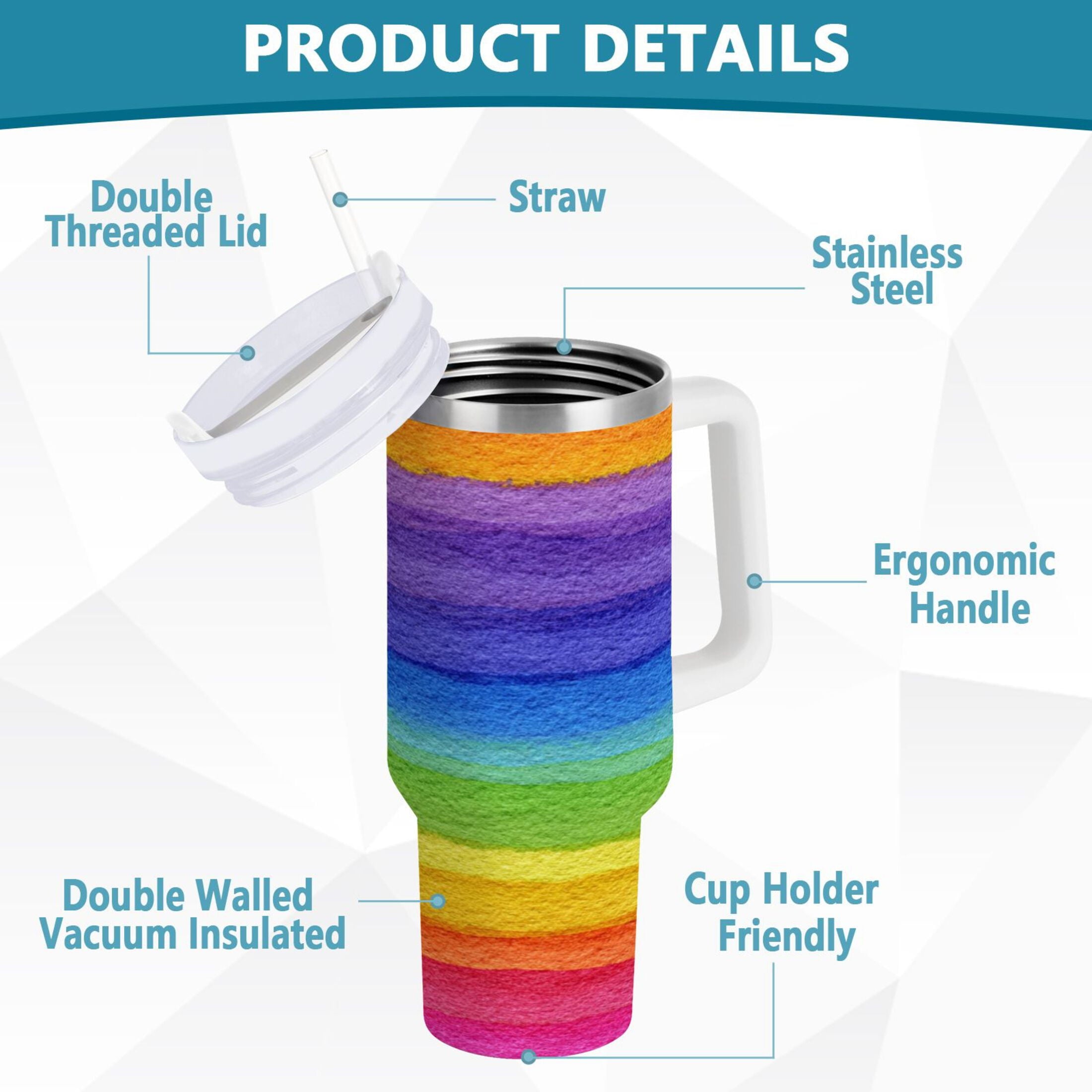 30 oz Insulated Stainless Steel Tumbler Double Wall Stainless Steel Tumbler with 2-Way Drinking Watercolor Rainbow Colors C448U