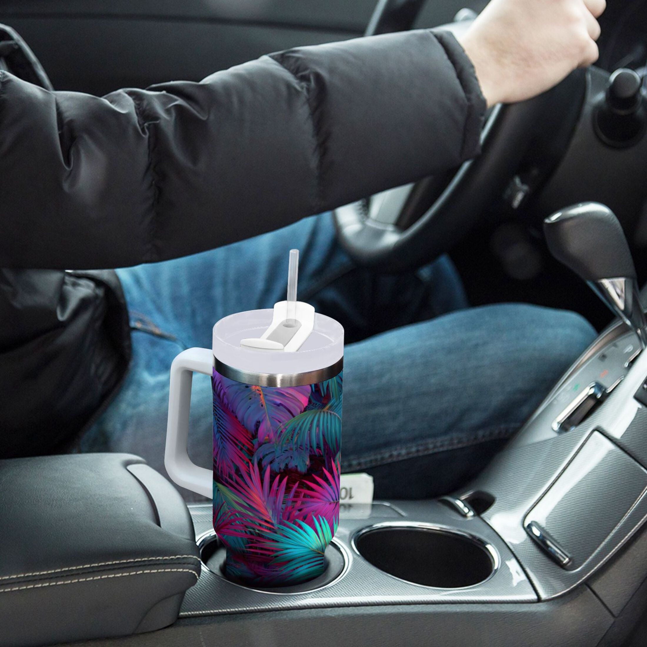 30 oz Insulated Stainless Steel Tumbler Double Wall Stainless Steel Tumbler with 2-Way Drinking Vibrant and Shimmering Jungle C470C