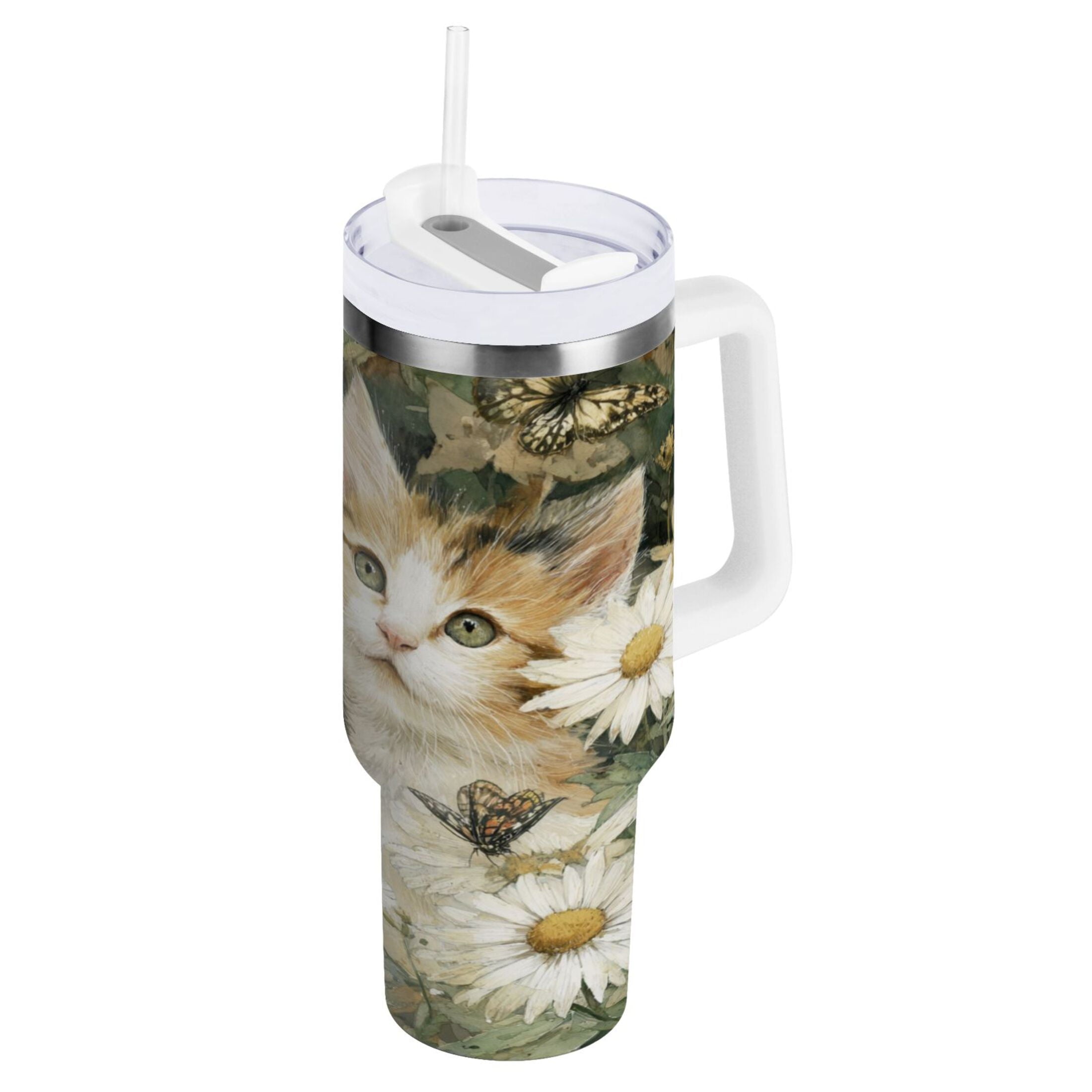 30 oz Insulated Stainless Steel Tumbler Double Wall Stainless Steel Tumbler with 2-Way Drinking Adorable Cats and Daisies C602Z