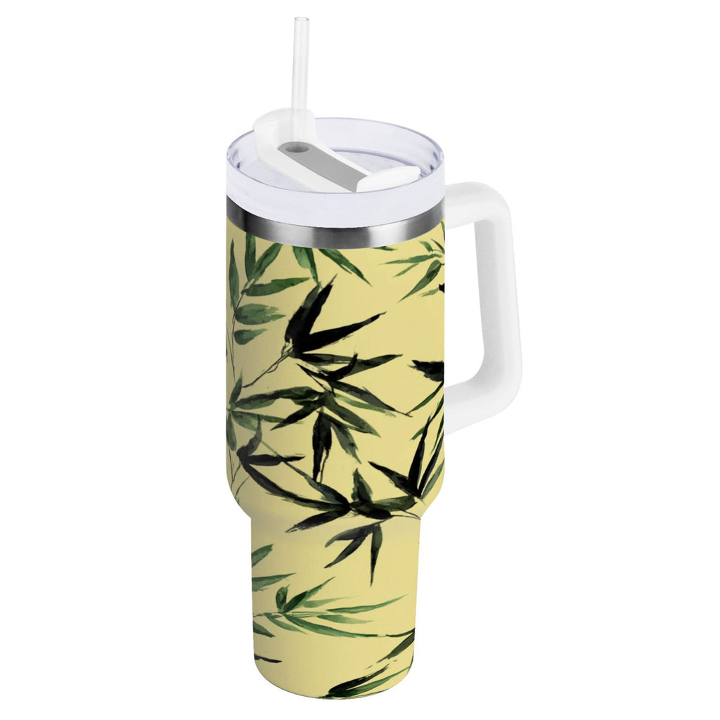 30 oz Insulated Stainless Steel Tumbler Double Wall Stainless Steel Tumbler with 2-Way Drinking Bamboo and Green Leaves C633T