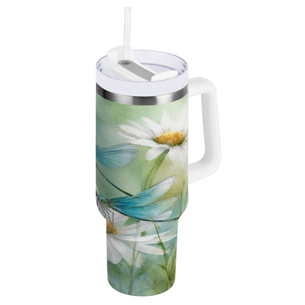 30 oz Insulated Stainless Steel Tumbler Double Wall Stainless Steel Tumbler with 2-Way Drinking Beautiful Dragonflies and Daisies C638S