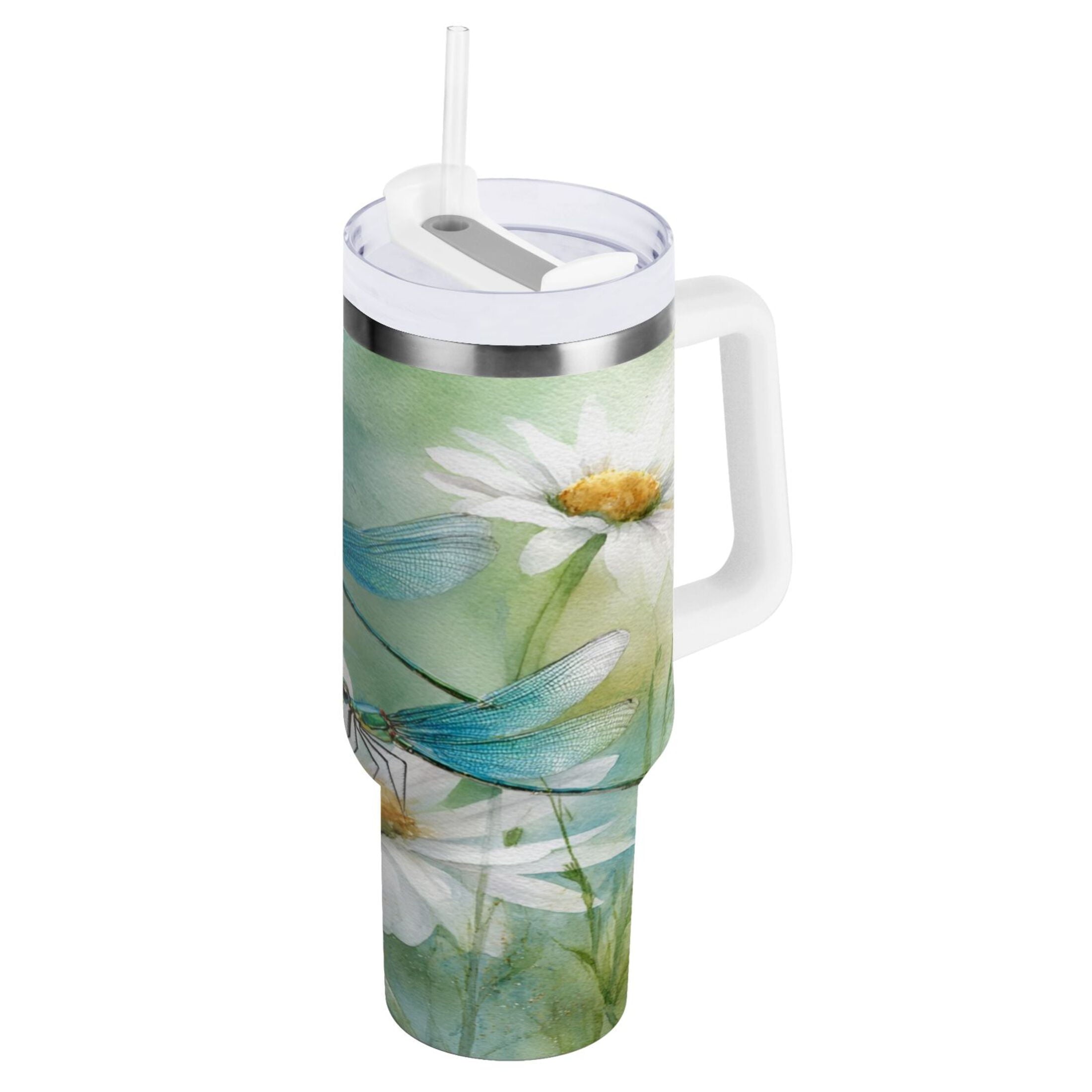 30 oz Insulated Stainless Steel Tumbler Double Wall Stainless Steel Tumbler with 2-Way Drinking Beautiful Dragonflies and Daisies C638S