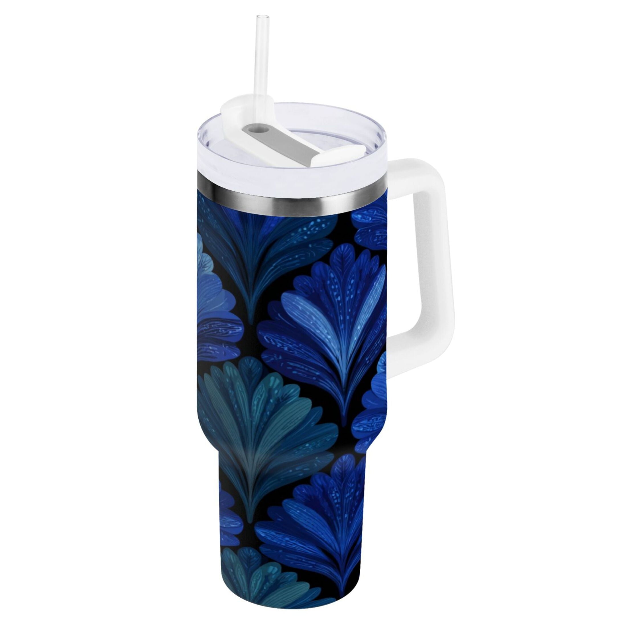 30 oz Insulated Stainless Steel Tumbler Double Wall Stainless Steel Tumbler with 2-Way Drinking Blue Batik Leaves Pattern C525X