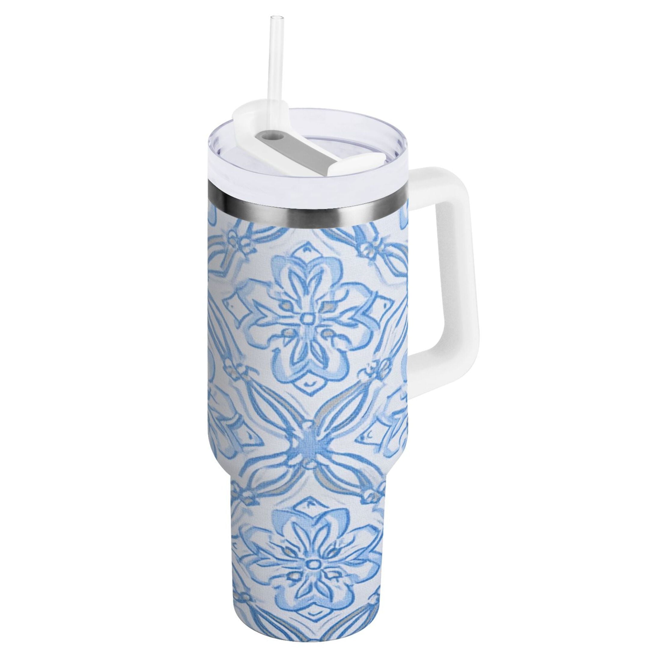 30 oz Insulated Stainless Steel Tumbler Double Wall Stainless Steel Tumbler with 2-Way Drinking Blue Elegant Geometric Design C623K