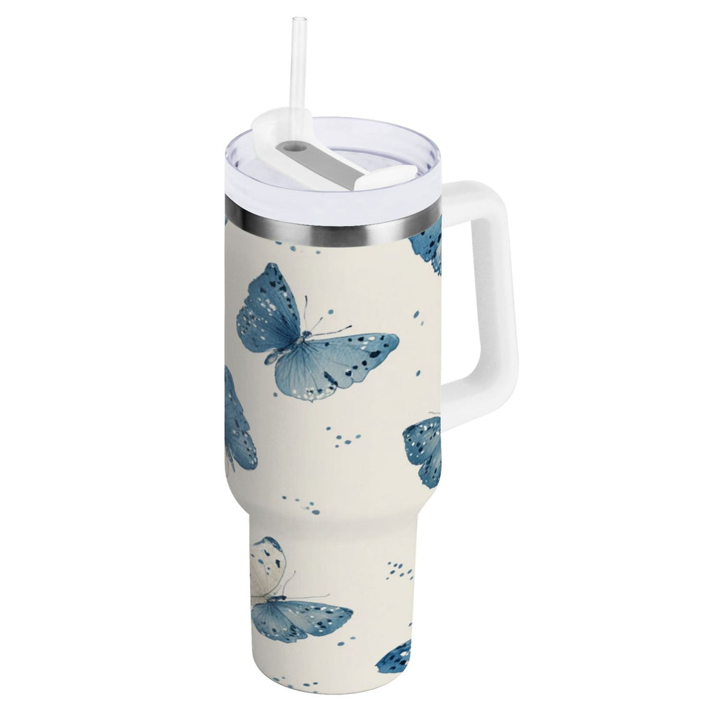 30 oz Insulated Stainless Steel Tumbler Double Wall Stainless Steel Tumbler with 2-Way Drinking Blue Watercolor Butterflies C572J