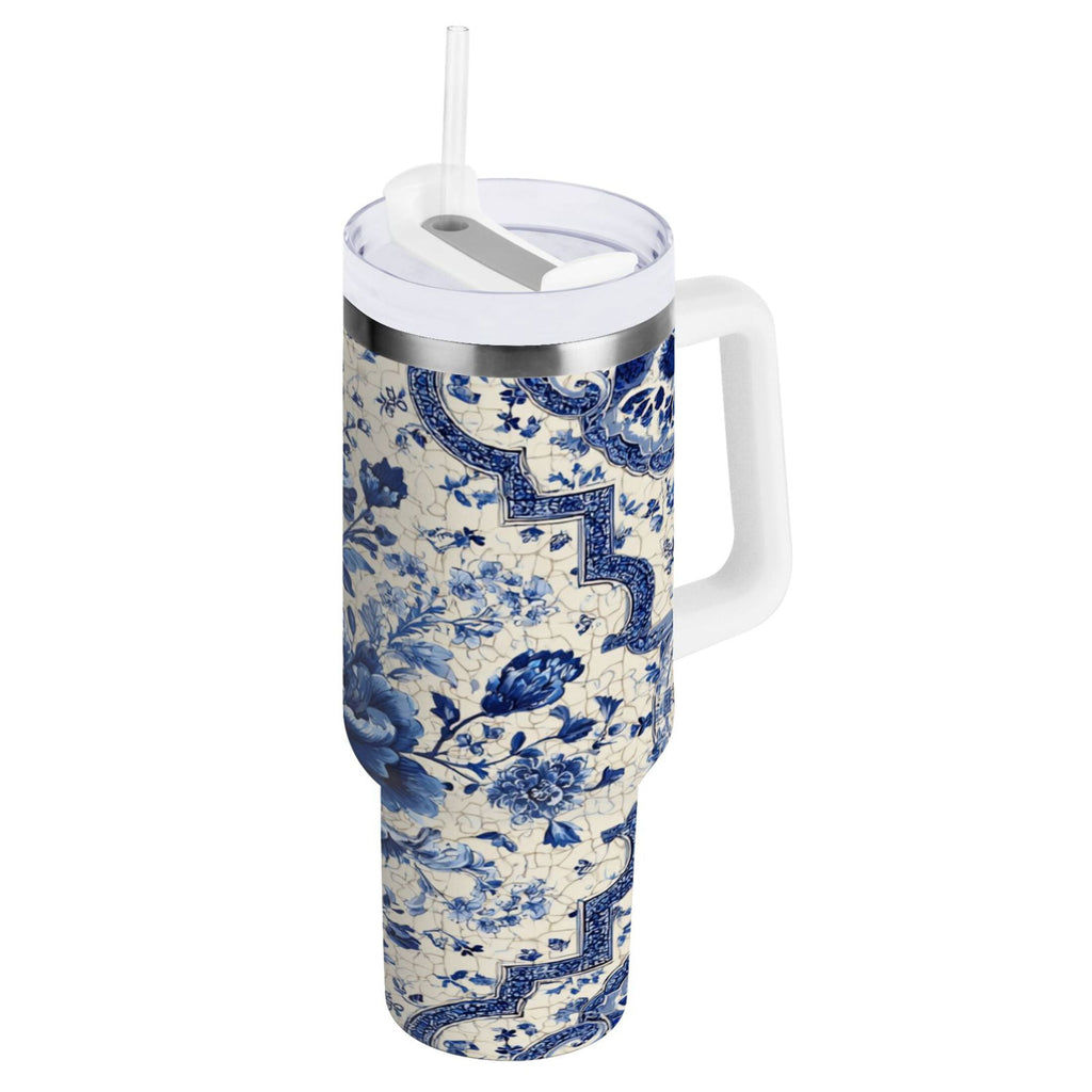 30 oz Insulated Stainless Steel Tumbler Double Wall Stainless Steel Tumbler with 2-Way Drinking Blue and White Porcelain-style C576F