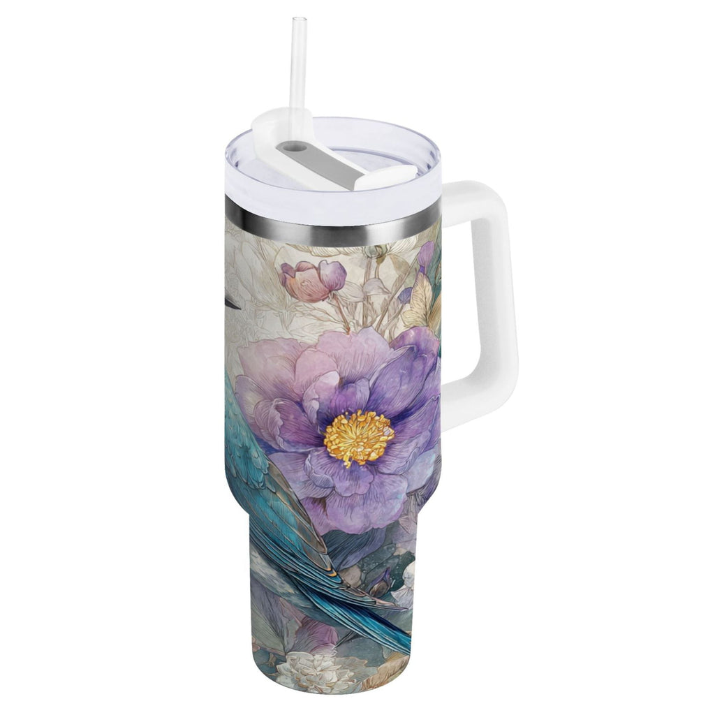 30 oz Insulated Stainless Steel Tumbler Double Wall Stainless Steel Tumbler with 2-Way Drinking Bluebird and Flower C538D