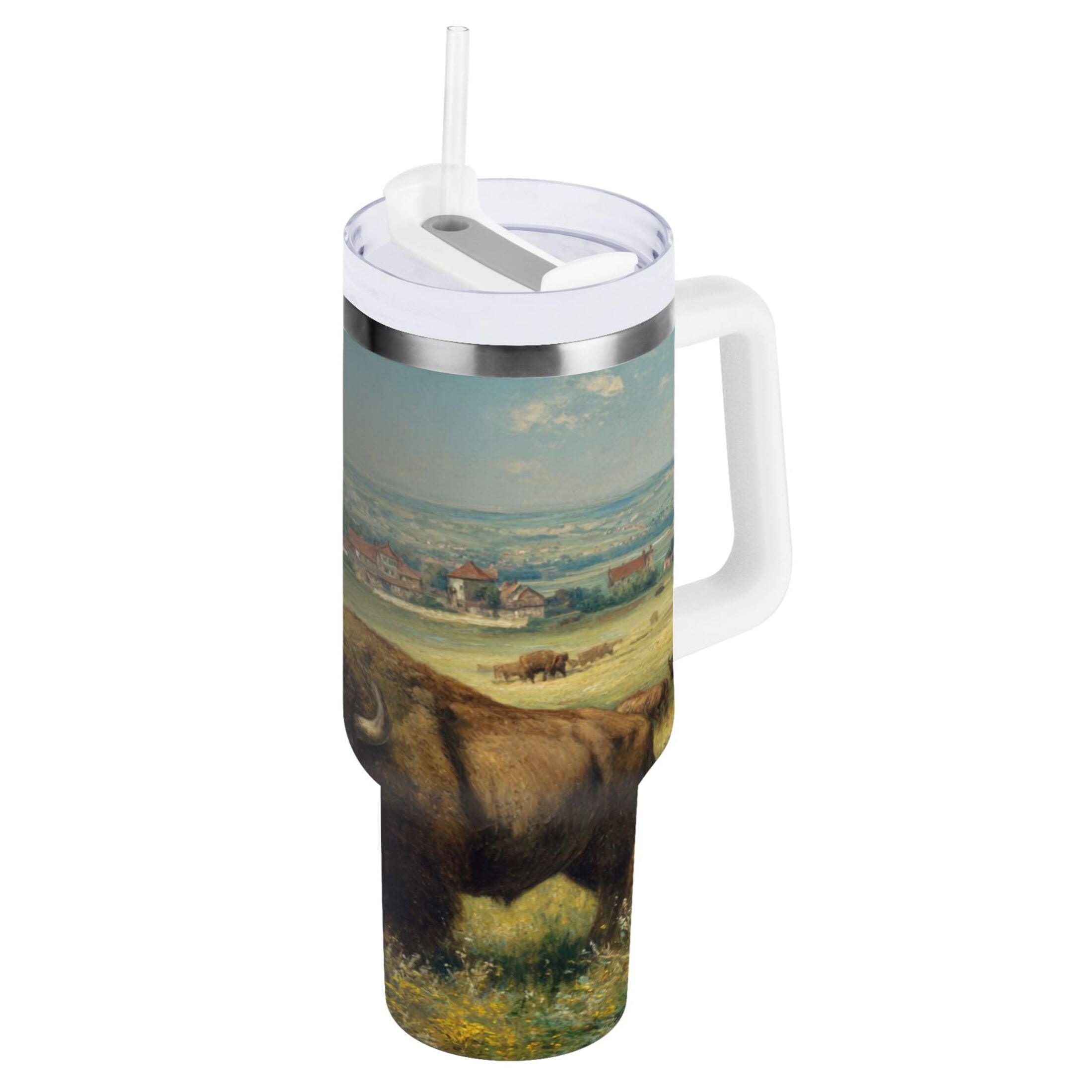 30 oz Insulated Stainless Steel Tumbler Double Wall Stainless Steel Tumbler with 2-Way Drinking Buffalo Herd Oil Painting C660C
