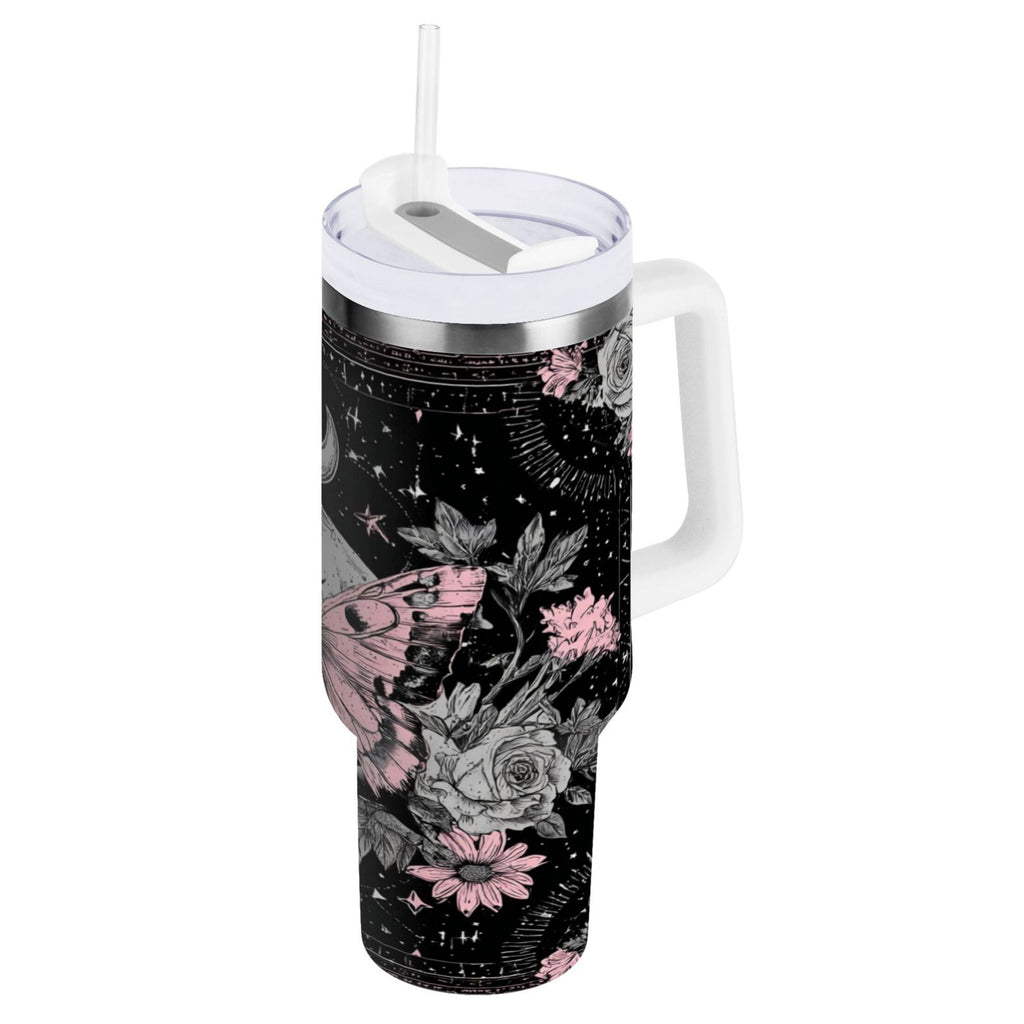 30 oz Insulated Stainless Steel Tumbler Double Wall Stainless Steel Tumbler with 2-Way Drinking Butterfly by Moon and Flowers C542H
