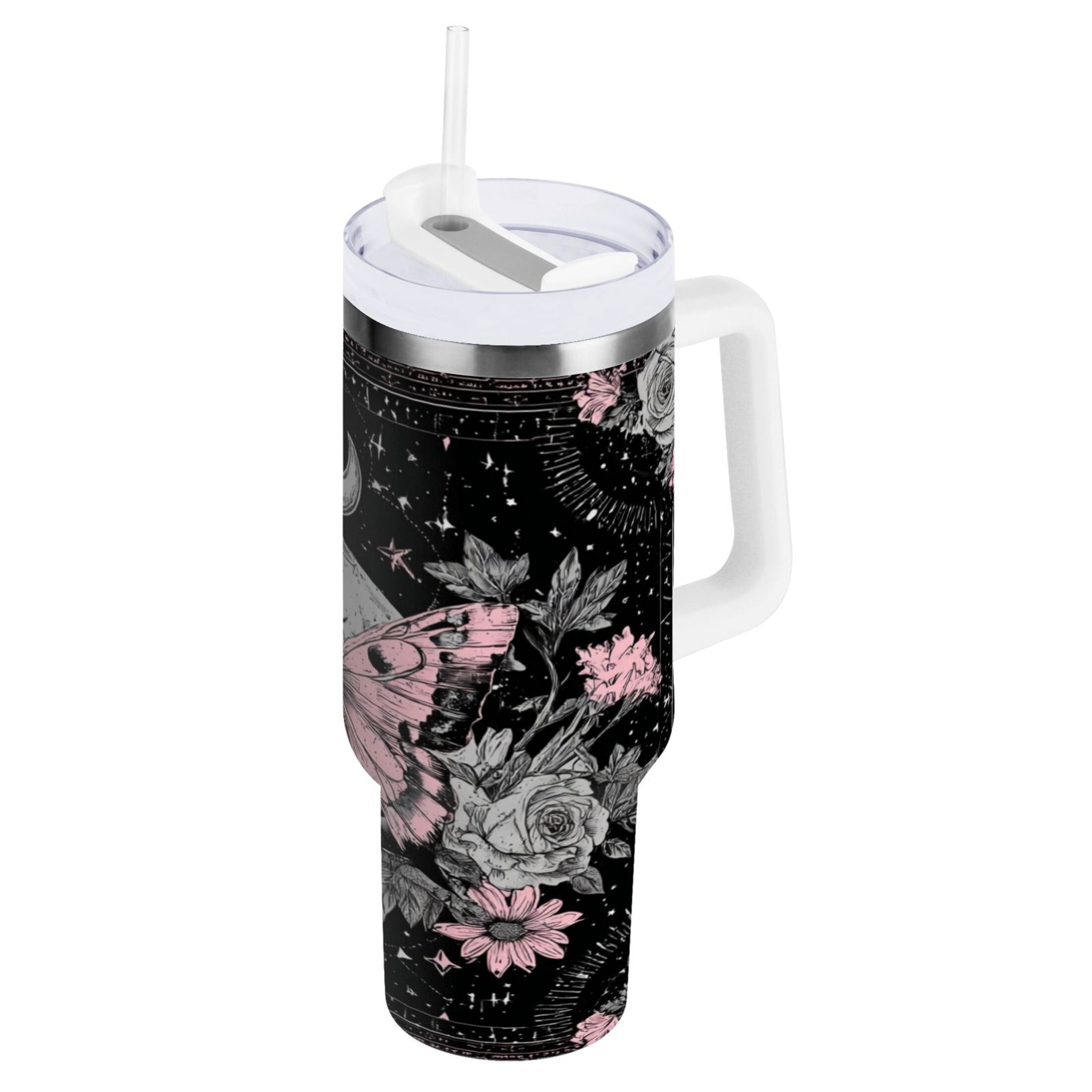 30 oz Insulated Stainless Steel Tumbler Double Wall Stainless Steel Tumbler with 2-Way Drinking Butterfly by Moon and Flowers C542H
