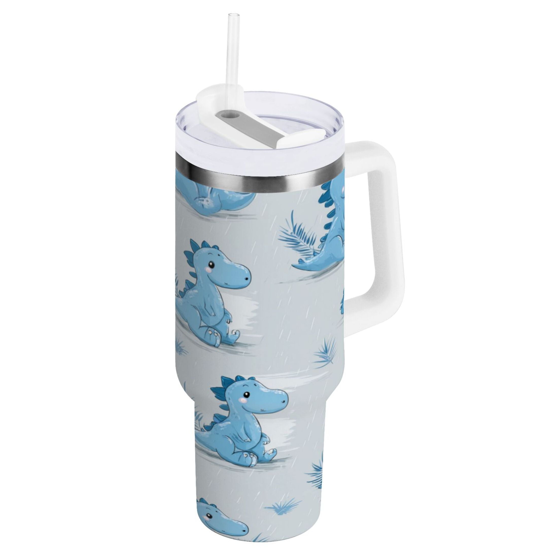 30 oz Insulated Stainless Steel Tumbler Double Wall Stainless Steel Tumbler with 2-Way Drinking Cartoon Blue Dinosaurs C495H