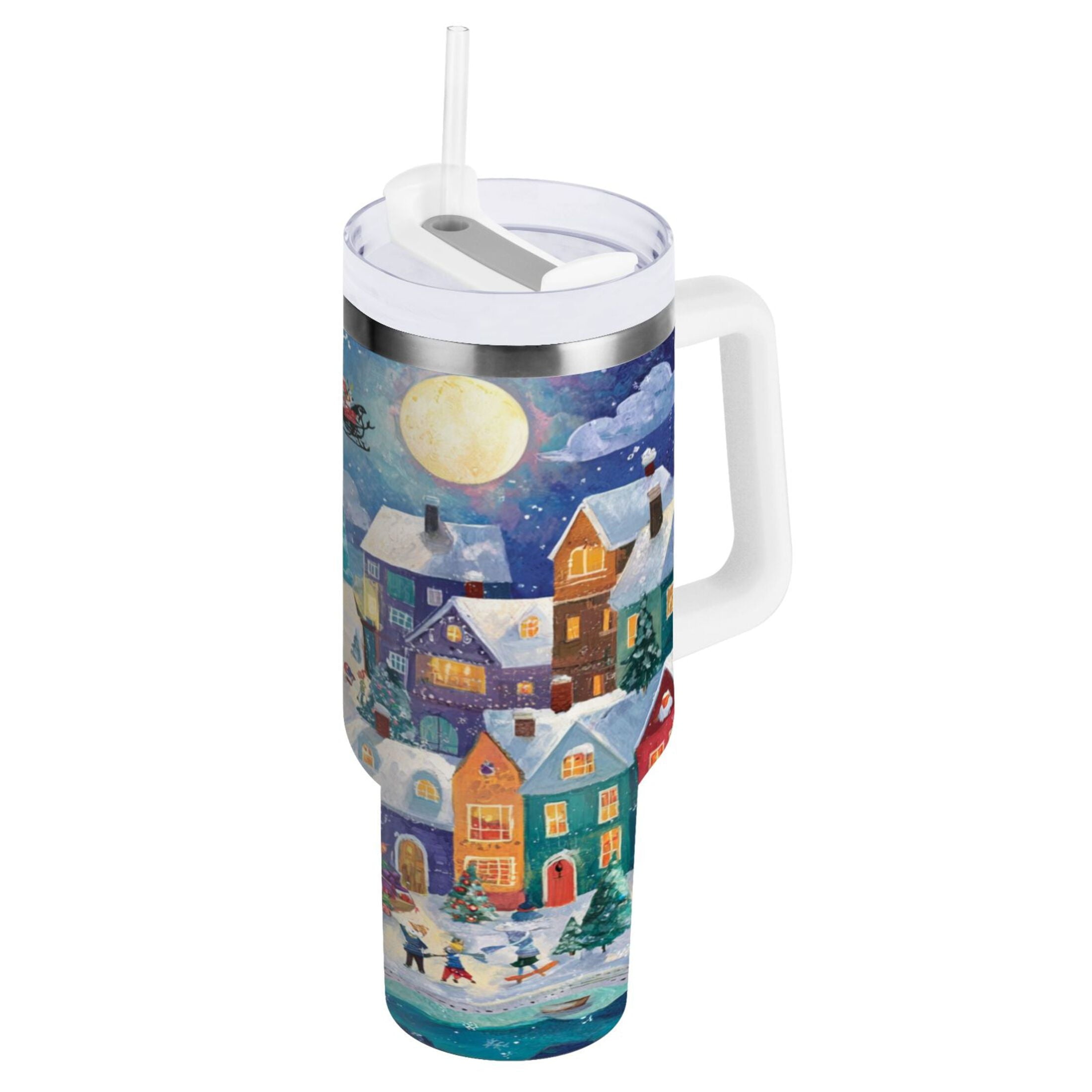 30 oz Insulated Stainless Steel Tumbler Double Wall Stainless Steel Tumbler with 2-Way Drinking Charming Christmas Scene C546M