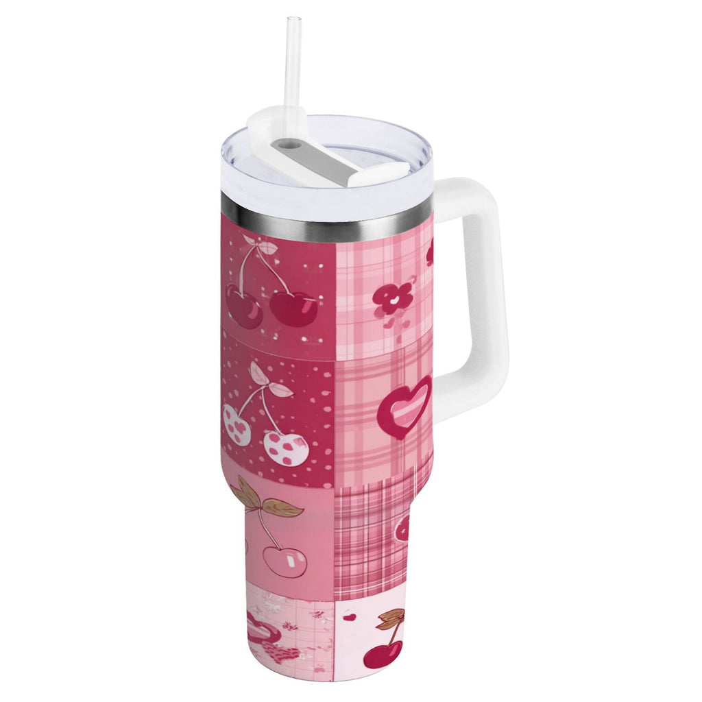 30 oz Insulated Stainless Steel Tumbler Double Wall Stainless Steel Tumbler with 2-Way Drinking Cherry Pattern with Bows C634X