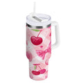 30 oz Insulated Stainless Steel Tumbler Double Wall Stainless Steel Tumbler with 2-Way Drinking Cherry and Pink Bow Pattern C617Z