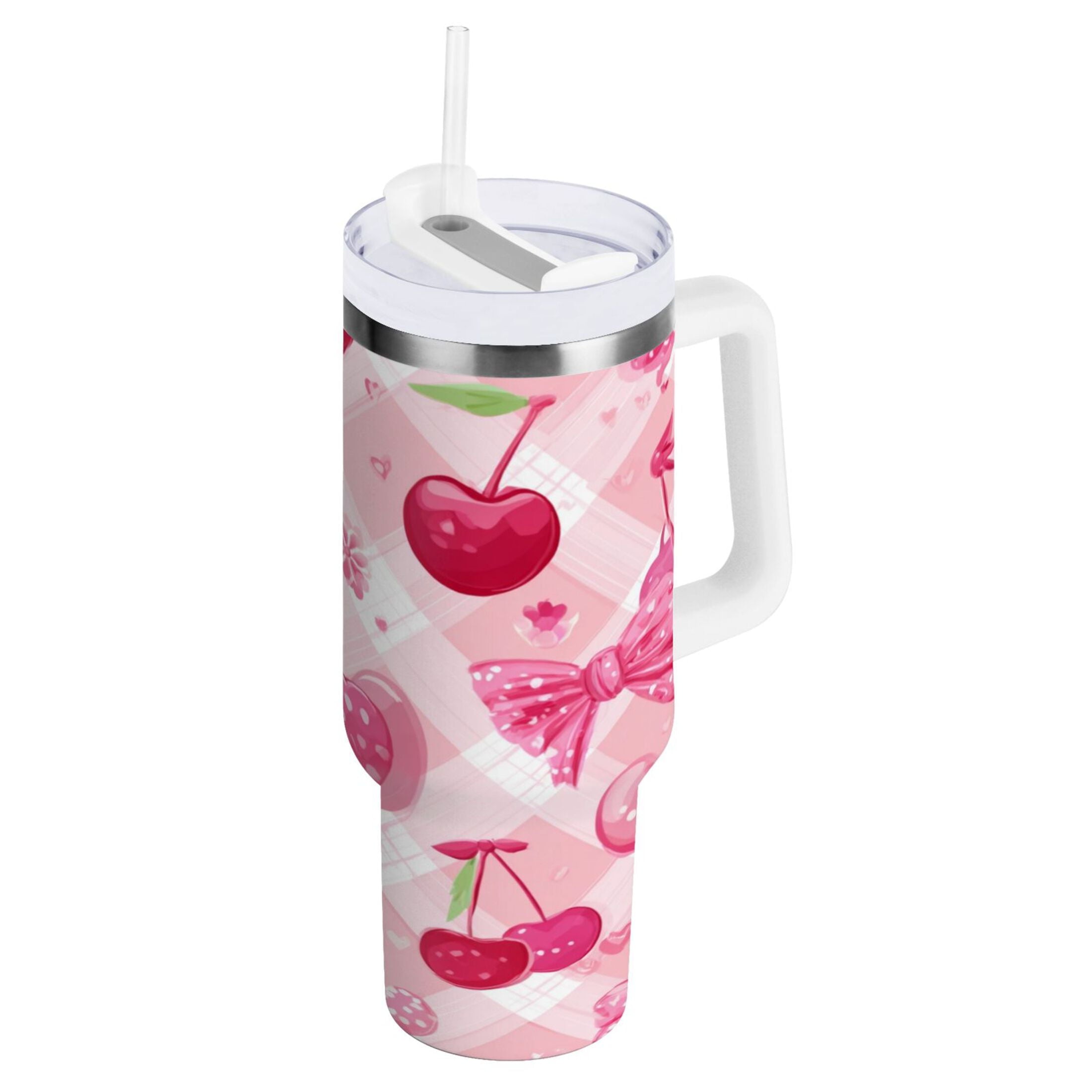 30 oz Insulated Stainless Steel Tumbler Double Wall Stainless Steel Tumbler with 2-Way Drinking Cherry and Pink Bow Pattern C617Z