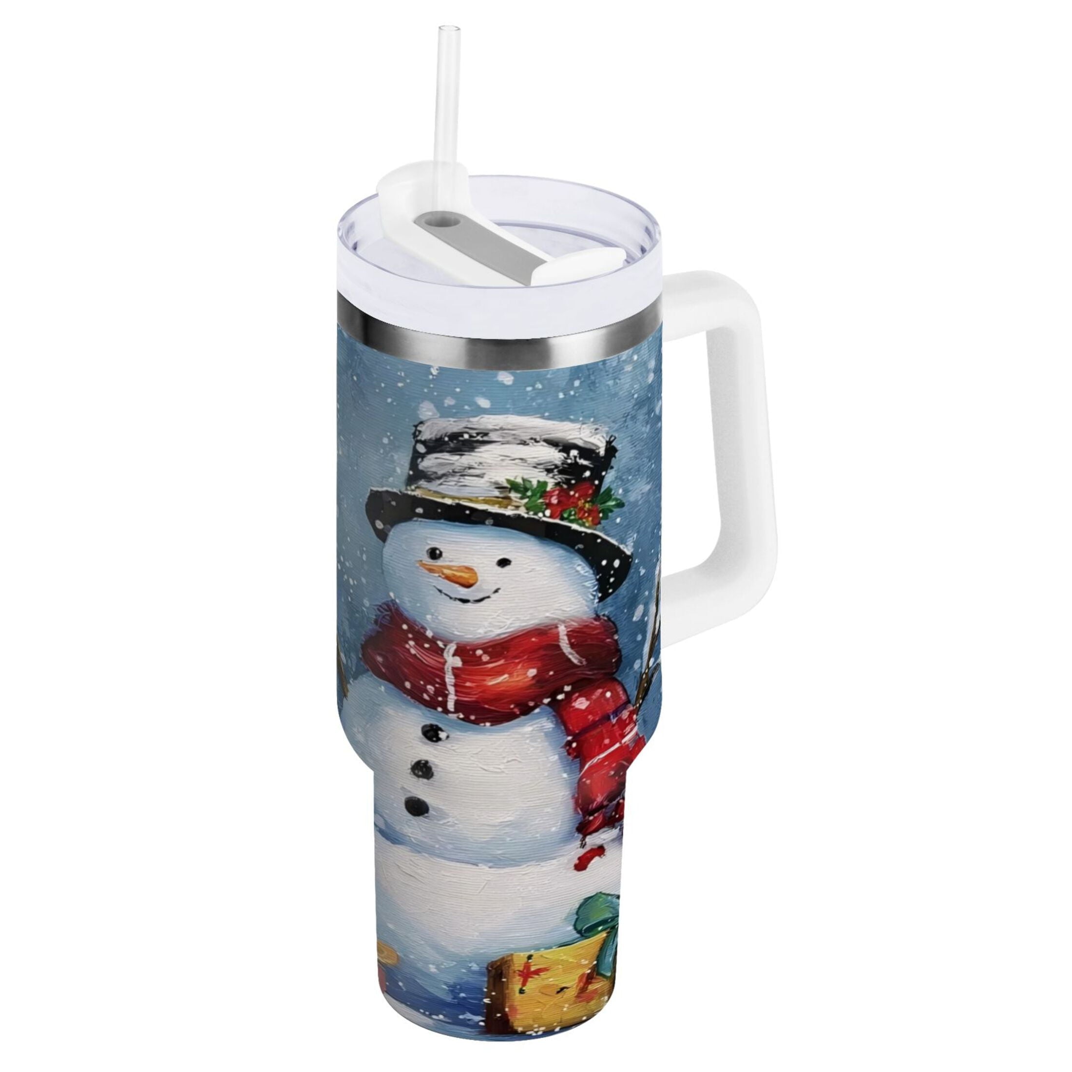30 oz Insulated Stainless Steel Tumbler Double Wall Stainless Steel Tumbler with 2-Way Drinking Christmas Scene with Snowman C642A