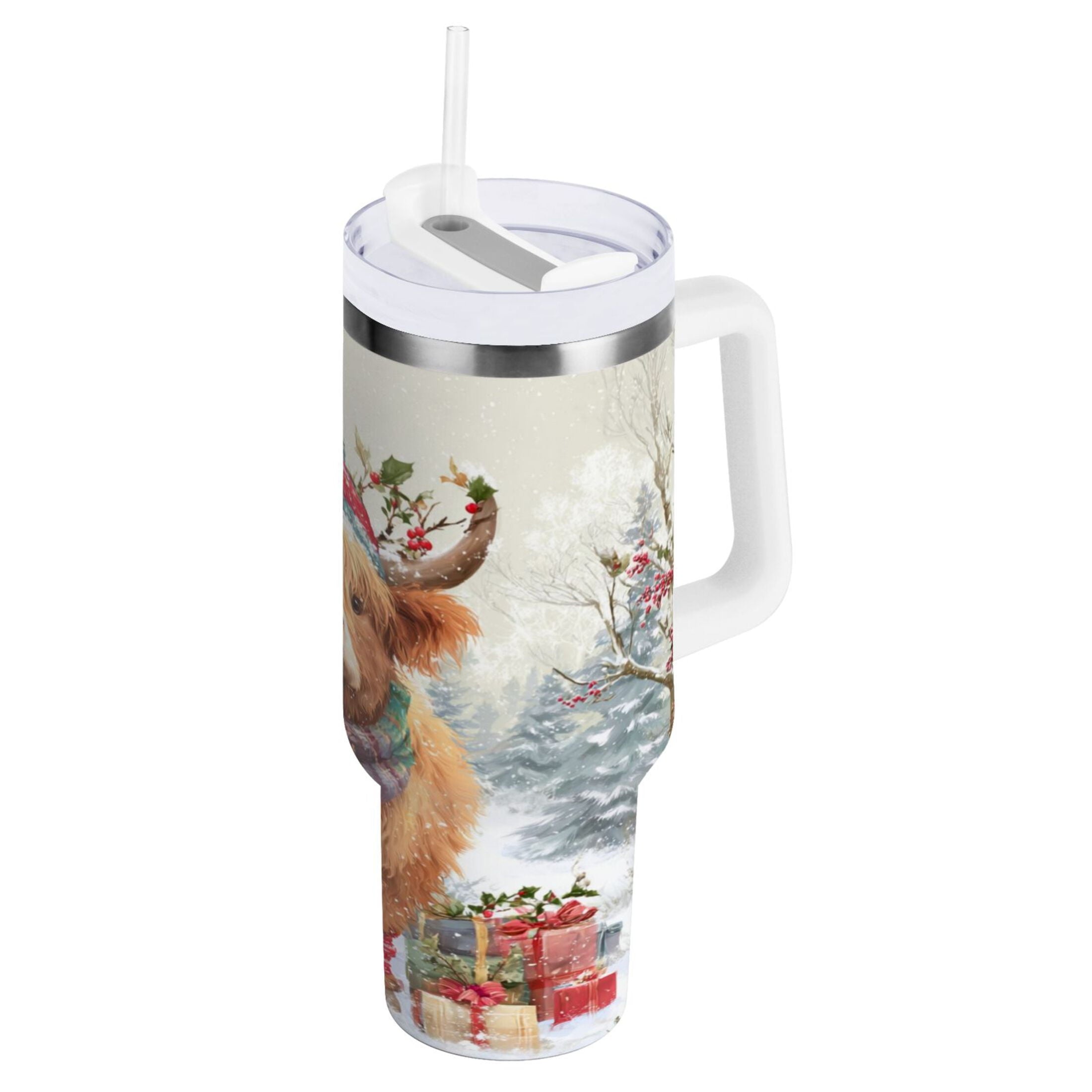 30 oz Insulated Stainless Steel Tumbler Double Wall Stainless Steel Tumbler with 2-Way Drinking Cow Wearing Christmas Hat C681A