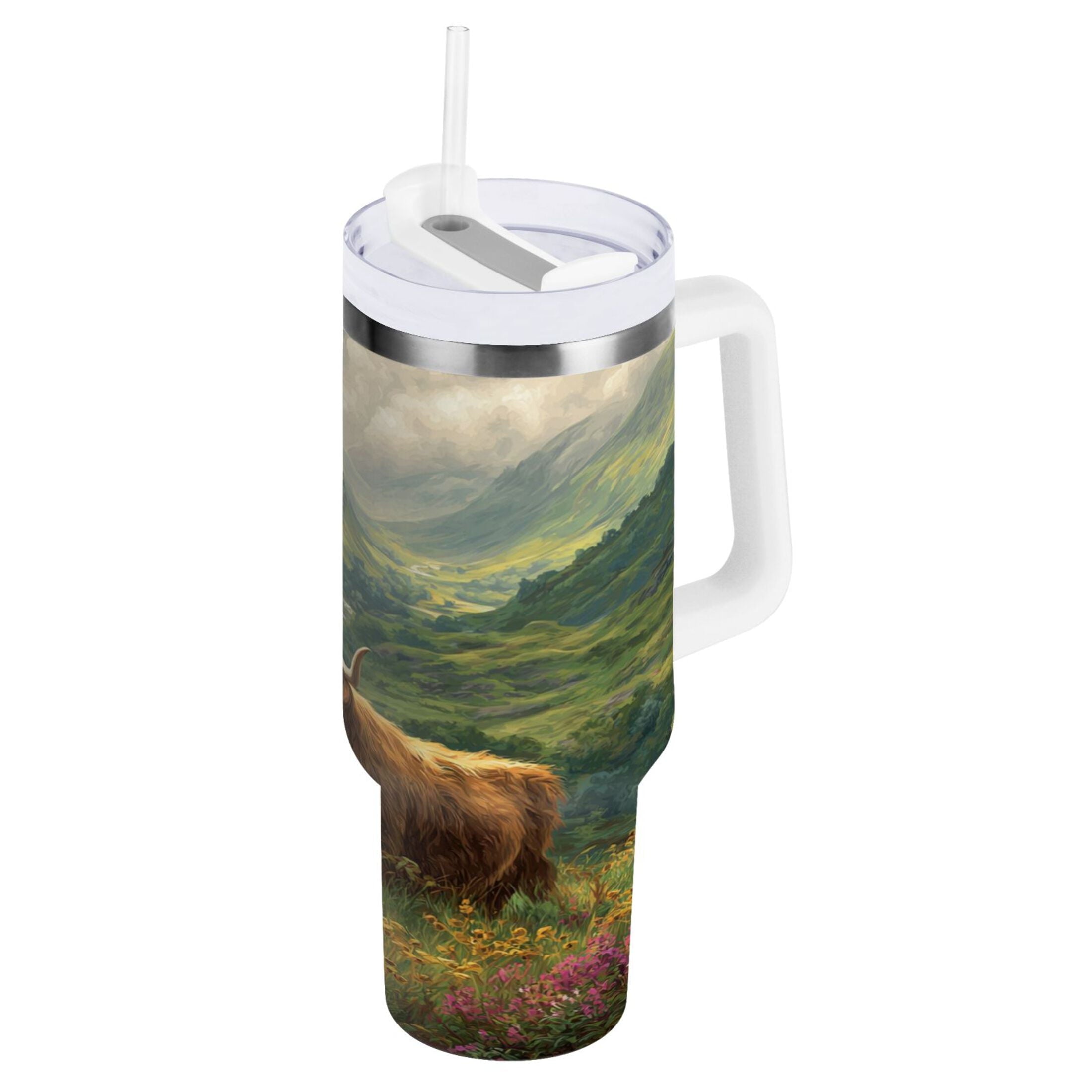 30 oz Insulated Stainless Steel Tumbler Double Wall Stainless Steel Tumbler with 2-Way Drinking Cow in Green Rolling Hills C586R