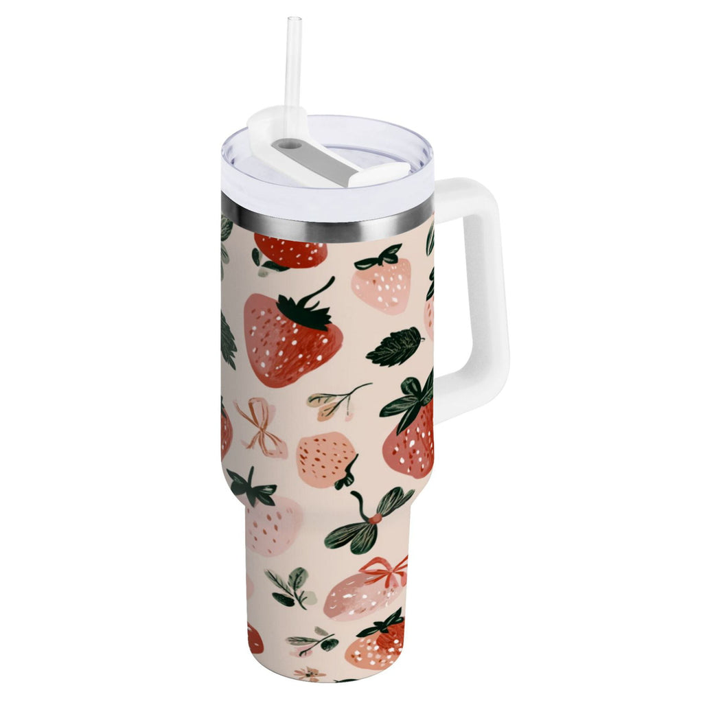 30 oz Insulated Stainless Steel Tumbler Double Wall Stainless Steel Tumbler with 2-Way Drinking Cute Pinks Strawberries C596A