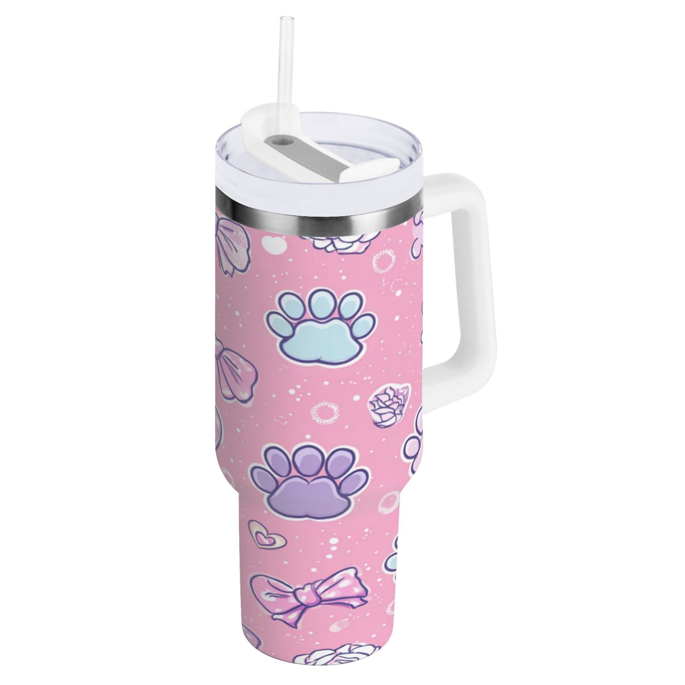30 oz Insulated Stainless Steel Tumbler Double Wall Stainless Steel Tumbler with 2-Way Drinking Dog Paw Prints and Bows C648Y