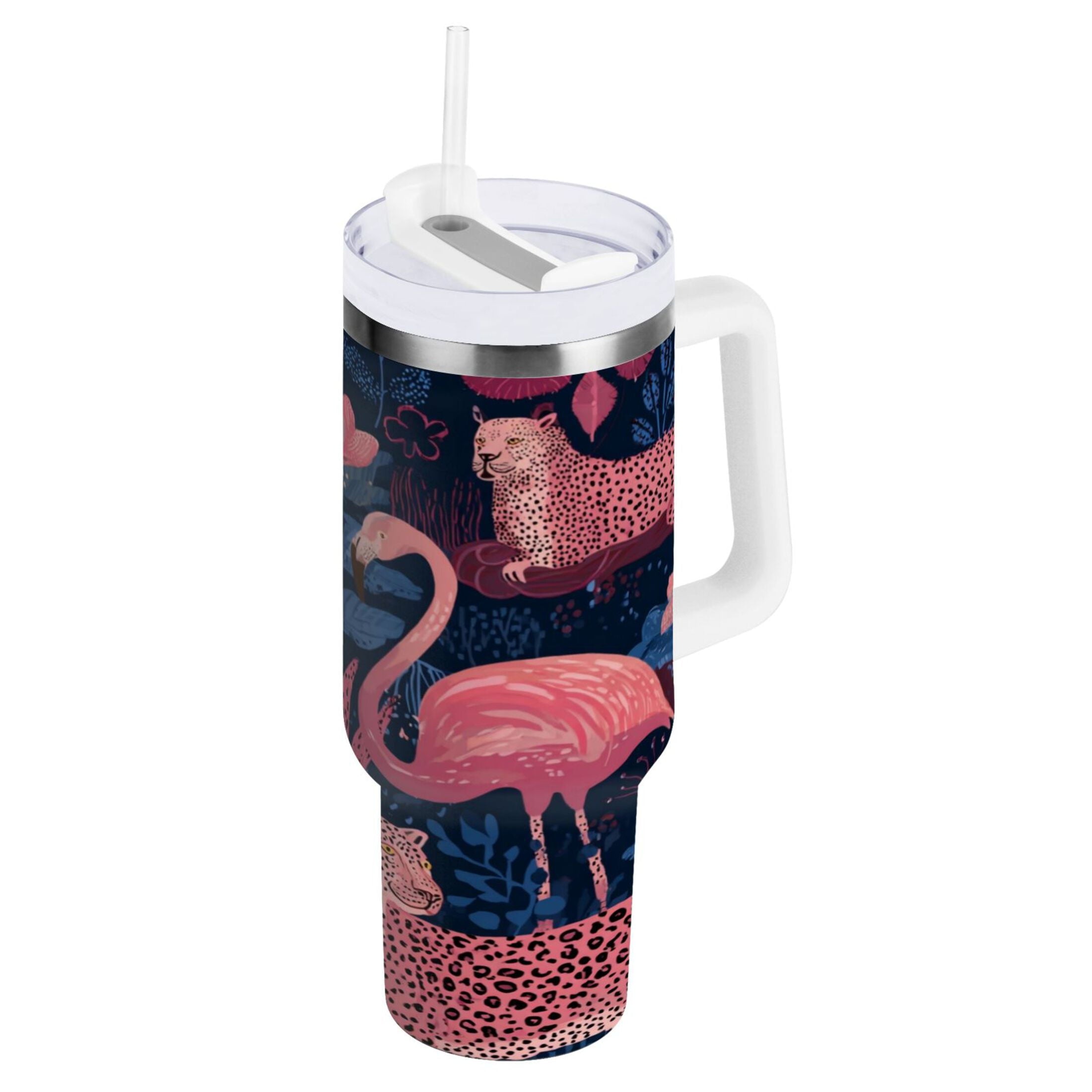 30 oz Insulated Stainless Steel Tumbler Double Wall Stainless Steel Tumbler with 2-Way Drinking Flamingos and Leopard Print C568Z