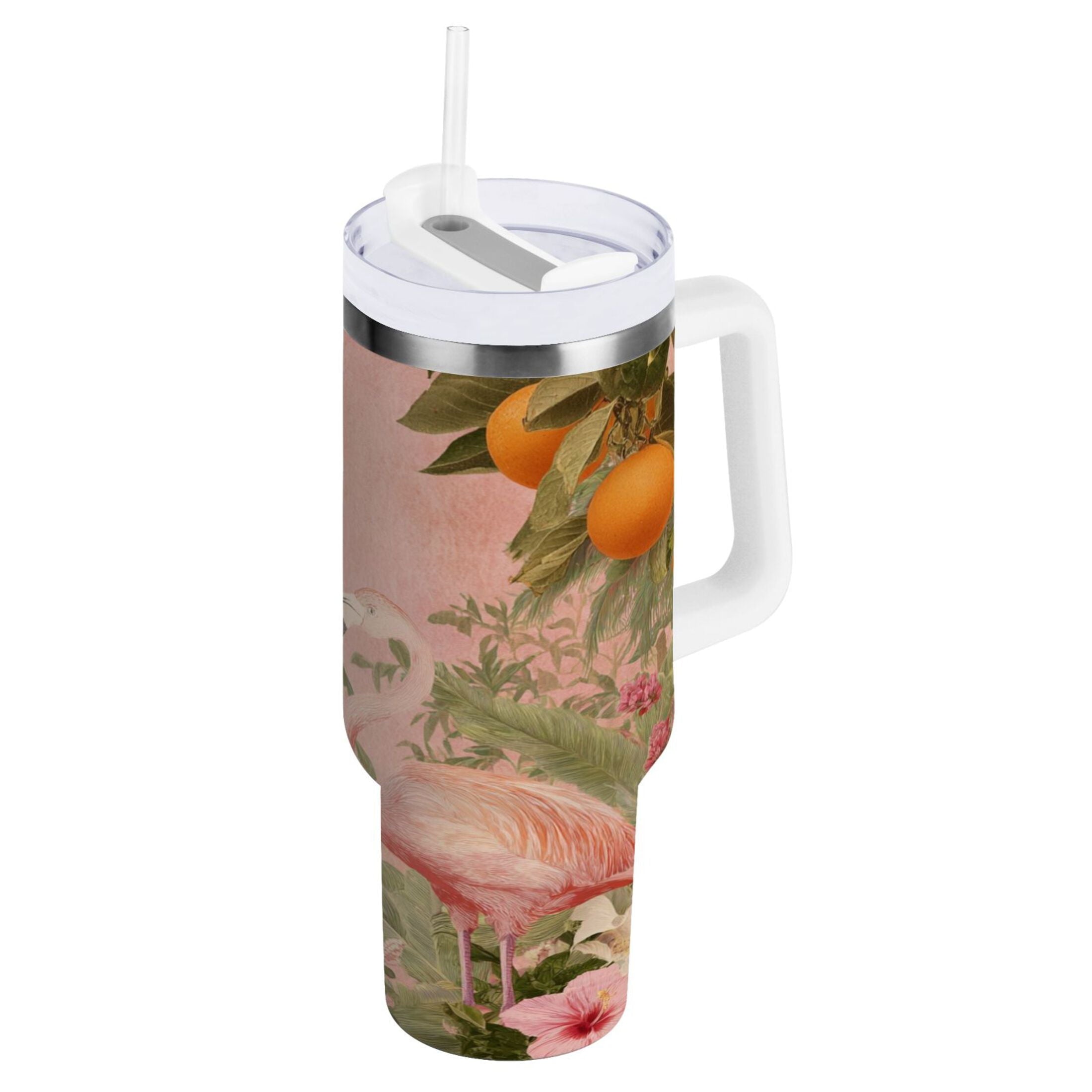 40 oz Insulated Stainless Steel Tumbler Double Wall Stainless Steel Tumbler with 2-Way Drinking Flamingos in Tropical Garden C666H
