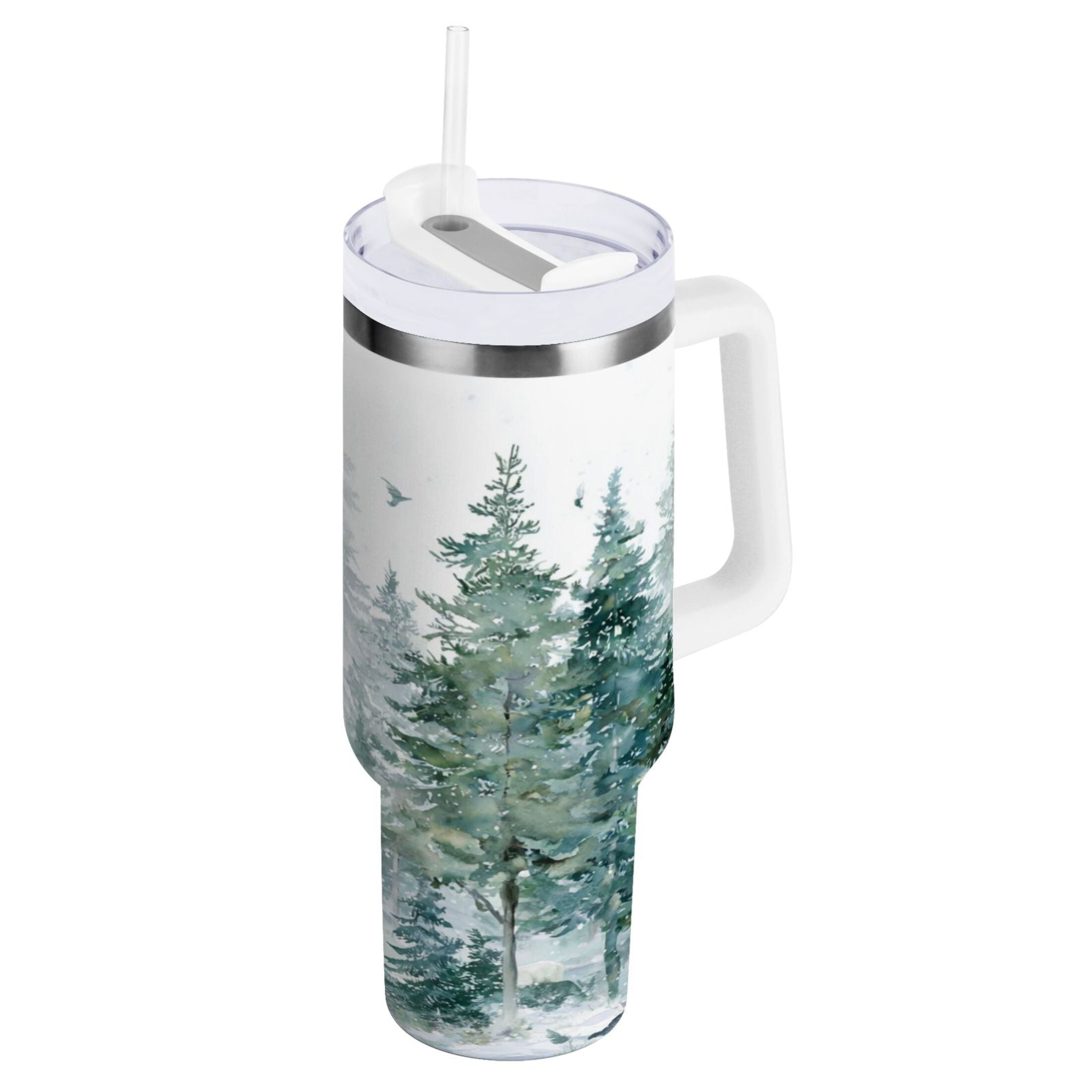 30 oz Insulated Stainless Steel Tumbler Double Wall Stainless Steel Tumbler with 2-Way Drinking Green Snowy Forest Scene C455K