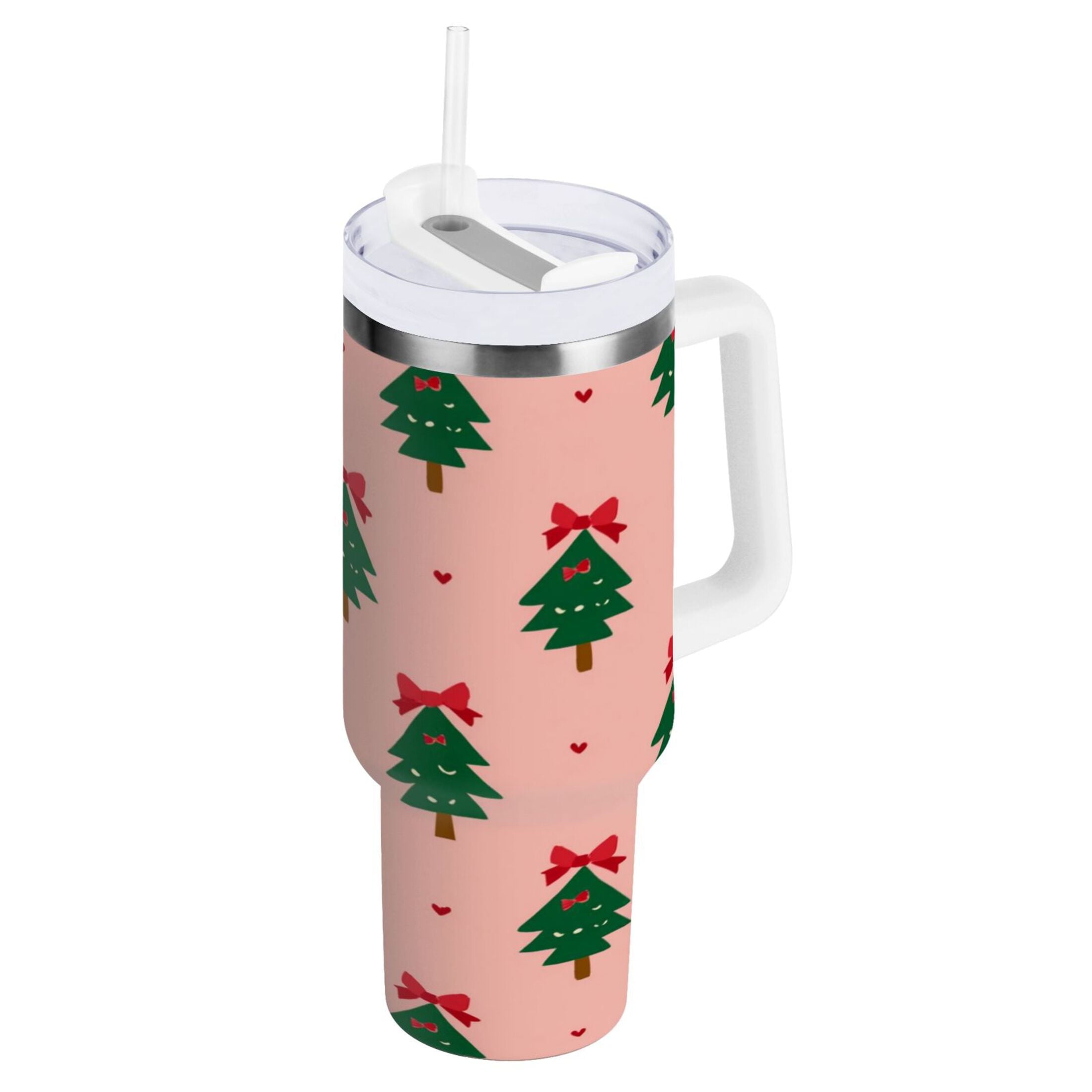 40 oz Insulated Stainless Steel Tumbler Double Wall Stainless Steel Tumbler with 2-Way Drinking Green Trees and Red Bows C468G