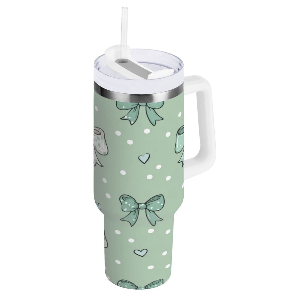 30 oz Insulated Stainless Steel Tumbler Double Wall Stainless Steel Tumbler with 2-Way Drinking Green and Mint Bows C559E