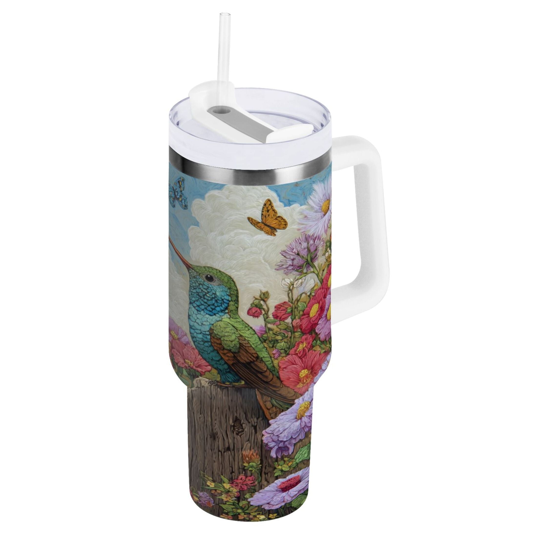 30 oz Insulated Stainless Steel Tumbler Double Wall Stainless Steel Tumbler with 2-Way Drinking Hummingbirds and Flowers C480C