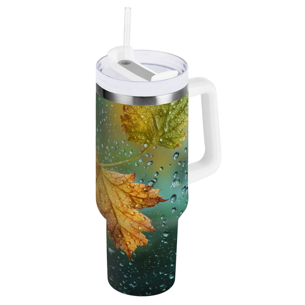 30 oz Insulated Stainless Steel Tumbler Double Wall Stainless Steel Tumbler with 2-Way Drinking Leaves with Water Droplets C500B