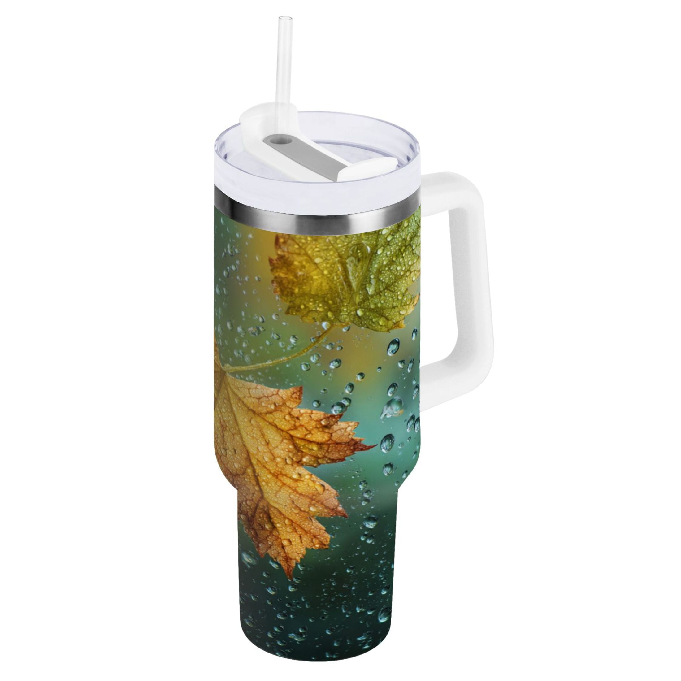 30 oz Insulated Stainless Steel Tumbler Double Wall Stainless Steel Tumbler with 2-Way Drinking Leaves with Water Droplets C500B