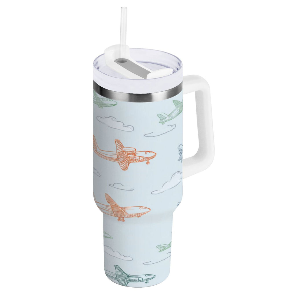 30 oz Insulated Stainless Steel Tumbler Double Wall Stainless Steel Tumbler with 2-Way Drinking Pastel Doodle Airplanes C593J