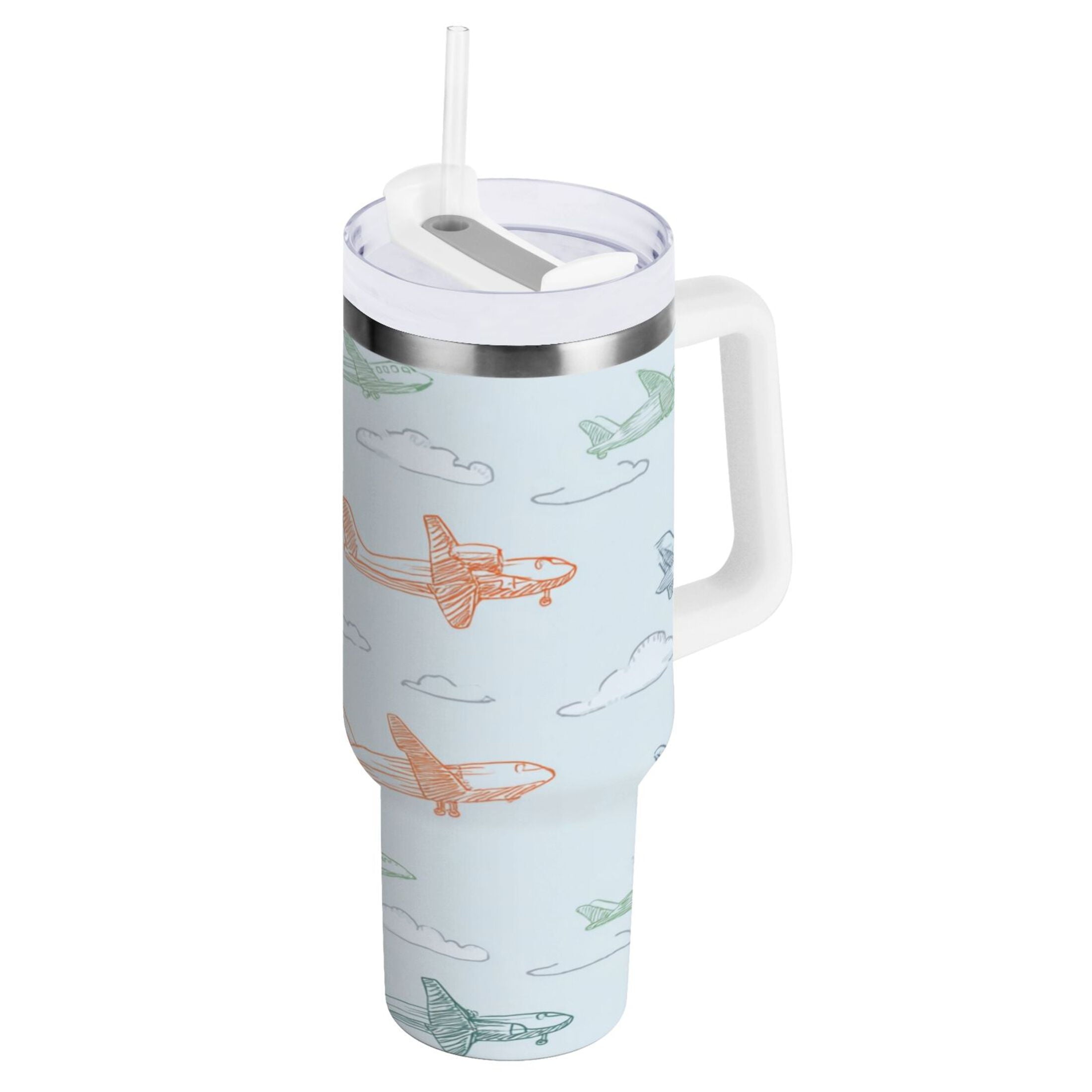 30 oz Insulated Stainless Steel Tumbler Double Wall Stainless Steel Tumbler with 2-Way Drinking Pastel Doodle Airplanes C593J