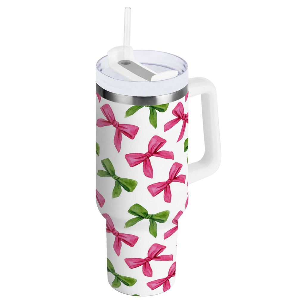 30 oz Insulated Stainless Steel Tumbler Double Wall Stainless Steel Tumbler with 2-Way Drinking Pink Bows and Green Ribbons C649W